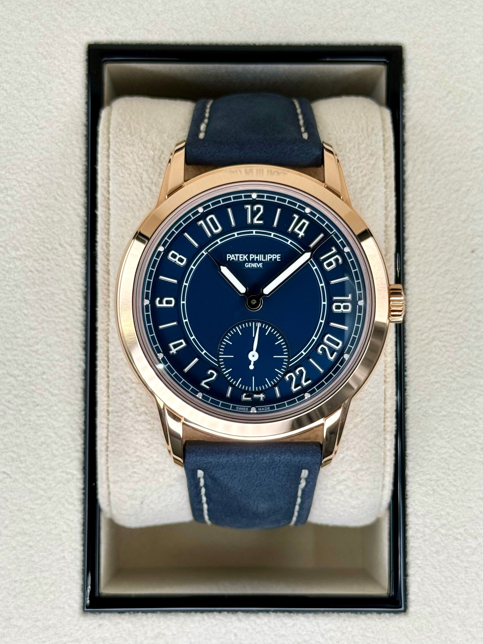 NEW 2024 Patek Philippe 5224R Calatrava Travel Time Rose Gold Blue Dial - MyWatchLLC