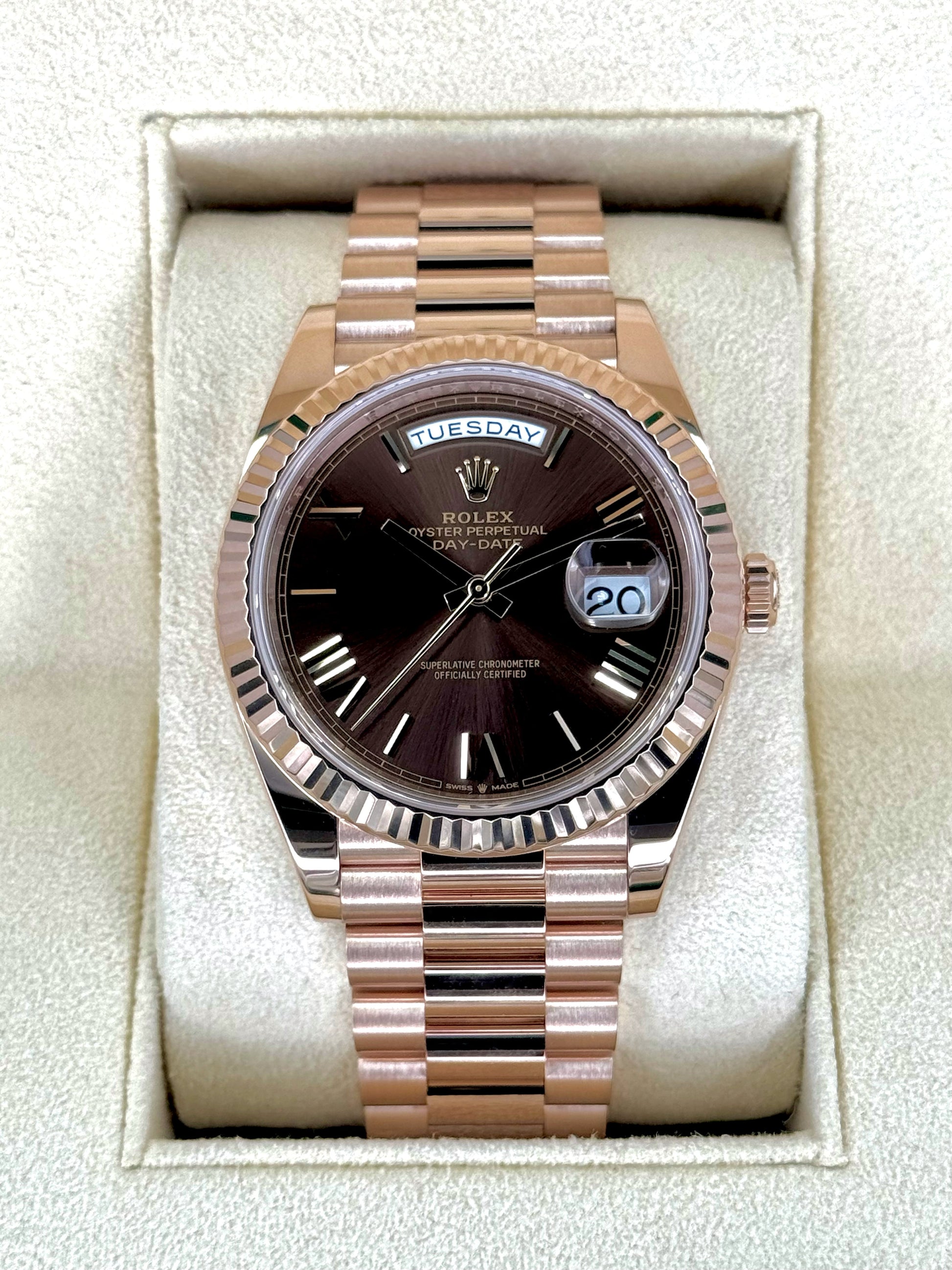 2023 Rolex Day-Date 40mm 228235 Presidential Rose Gold Chocolate Dial - MyWatchLLC