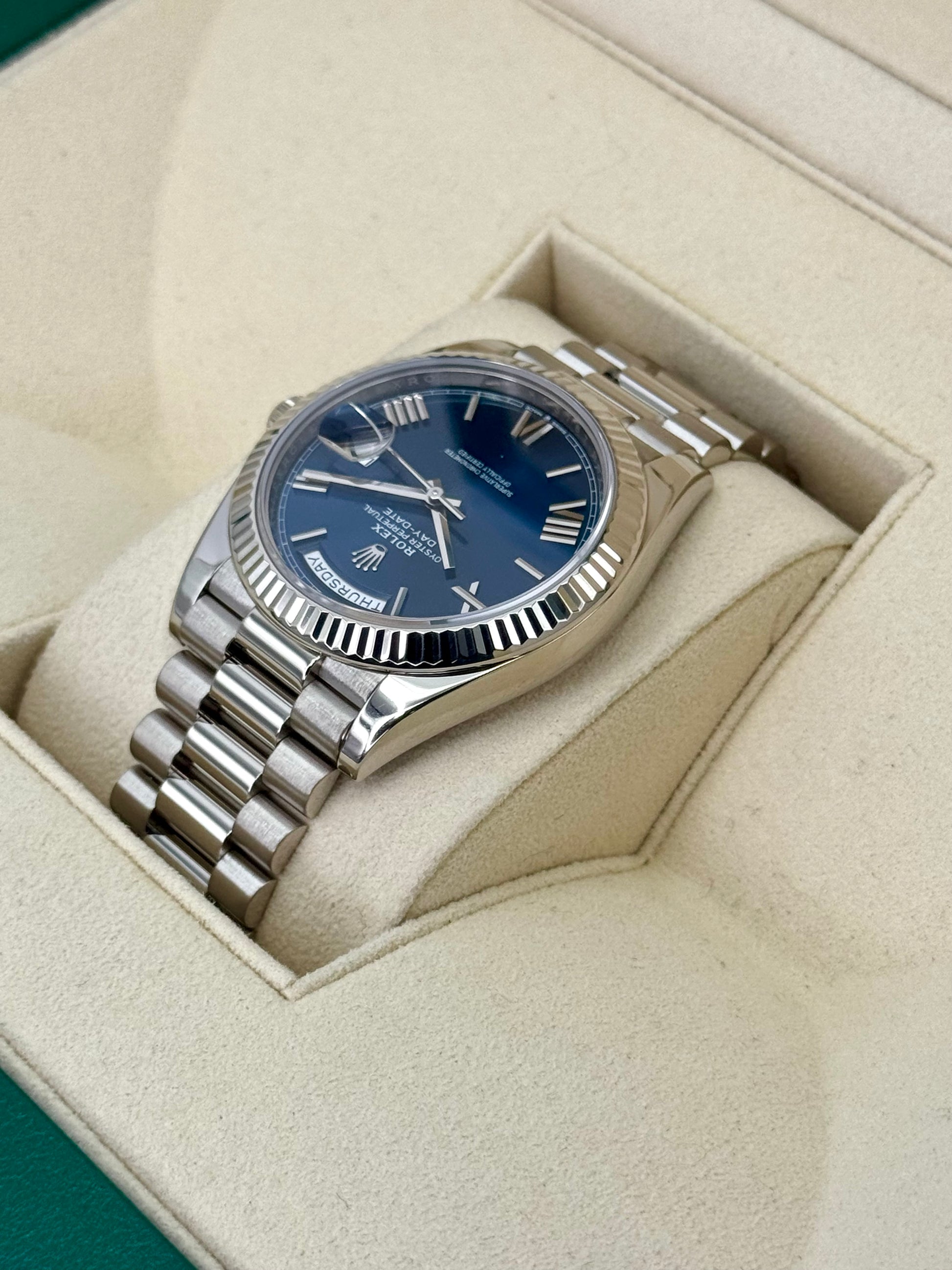2021 Rolex Day-Date 40mm 228239 White Gold Blue Dial - MyWatchLLC