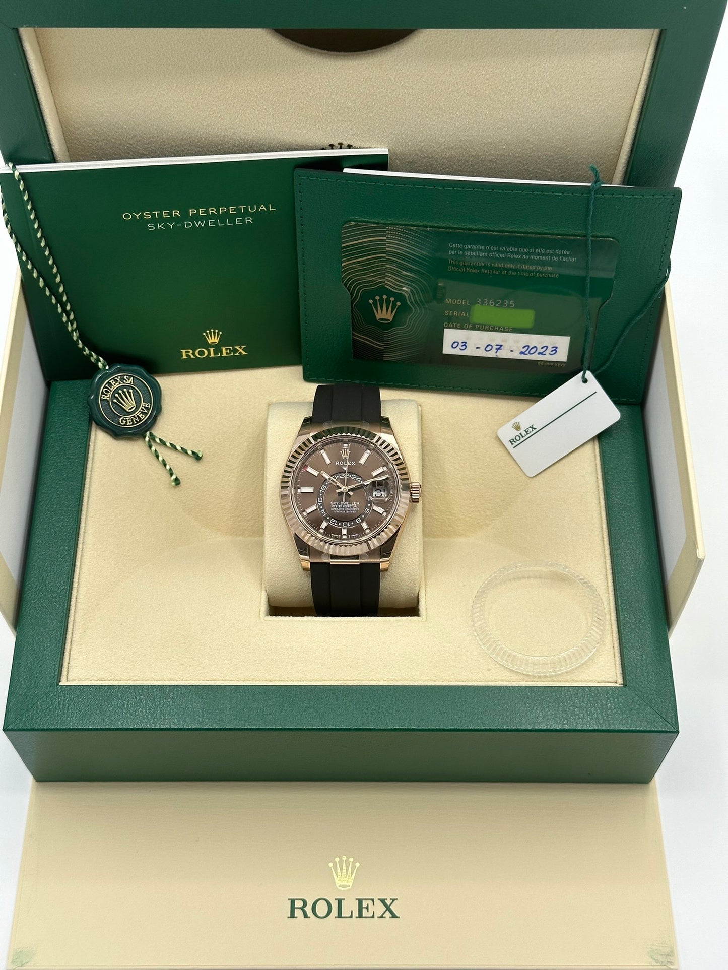 NEW 2023 Rolex Sky-Dweller 336235 Rose Gold Oysterflex Chocolate Dial - MyWatchLLC