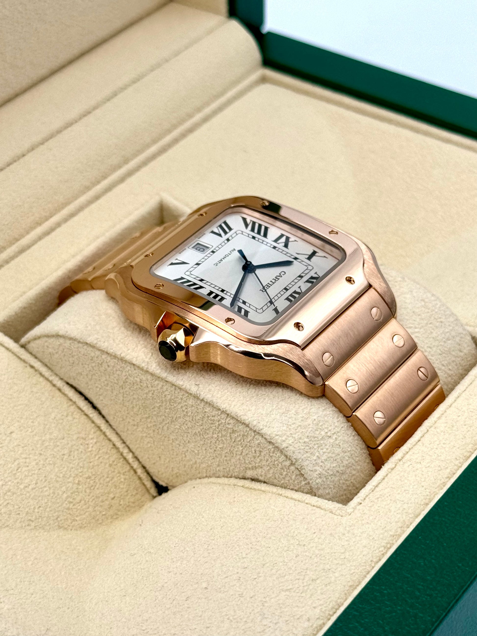 2021 Cartier Santos De Cartier 39.8mm WGSA0018 Rose Gold White Dial - MyWatchLLC