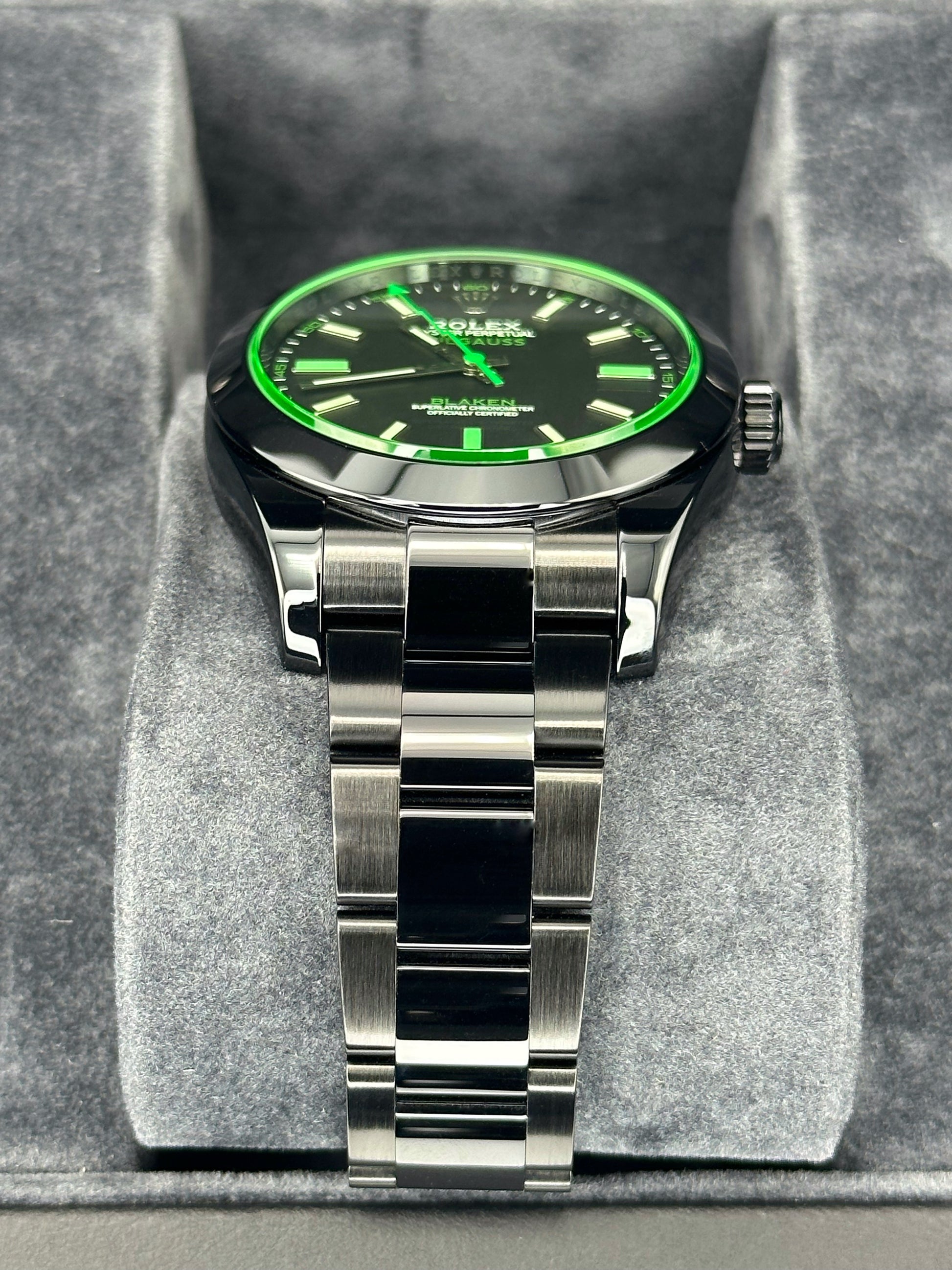 NEW 2023 Rolex Milgauss "Blaken" 40mm 116400GV DLC Black Green Viper - MyWatchLLC