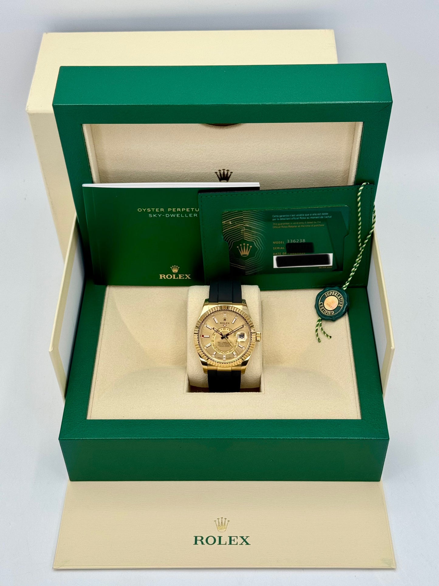 2024 Rolex Sky-Dweller 42mm 336238 Yellow Gold Oysterflex Champagne Dial - MyWatchLLC