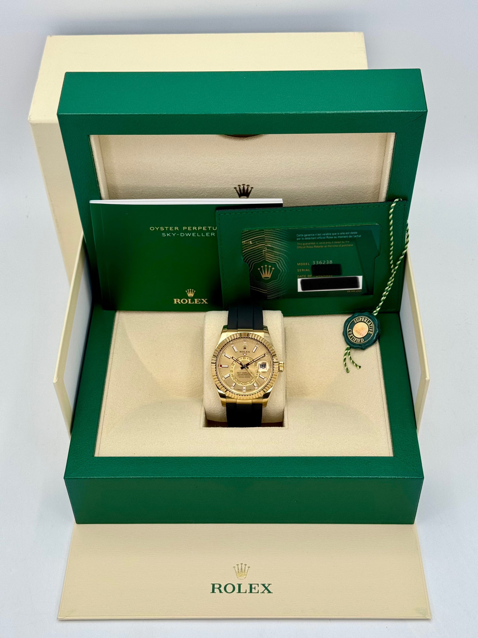 2024 Rolex Sky-Dweller 42mm 336238 Yellow Gold Oysterflex Champagne Dial - MyWatchLLC