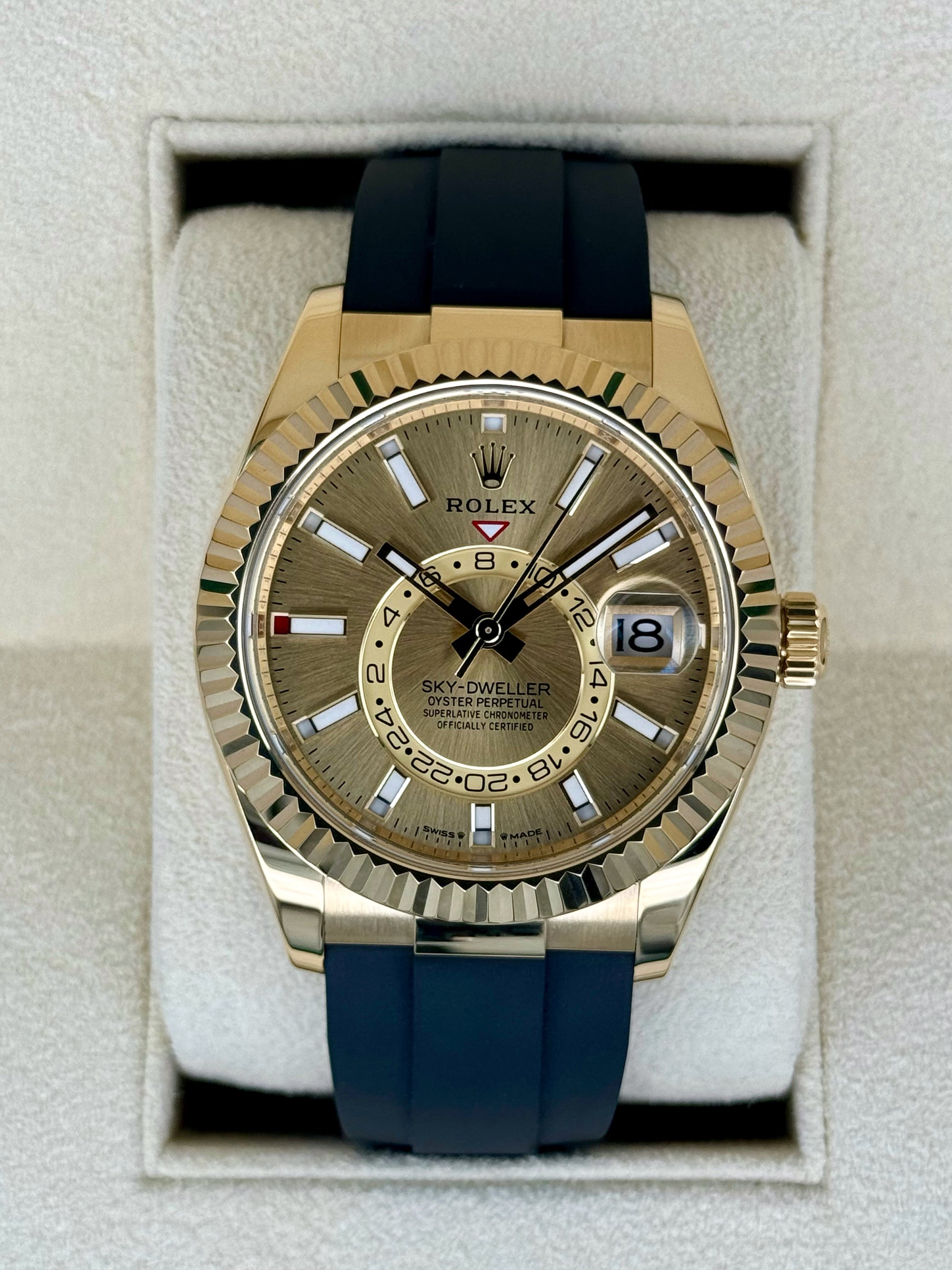 2024 Rolex Sky-Dweller 42mm 336238 Yellow Gold Oysterflex Champagne Dial - MyWatchLLC