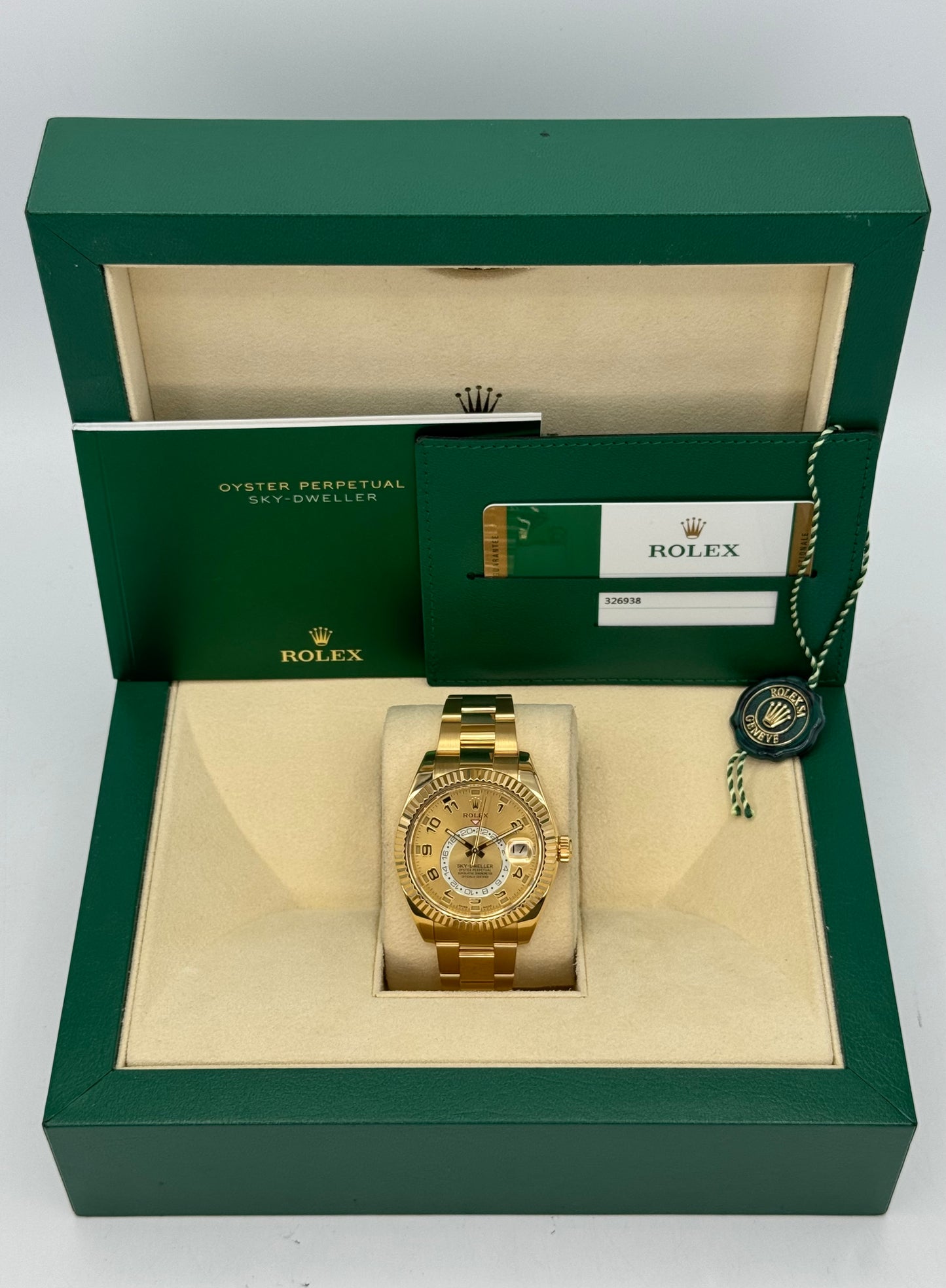 2019 Rolex Sky-Dweller 42mm 326938 Yellow Gold Oyster Champagne Dial - MyWatchLLC