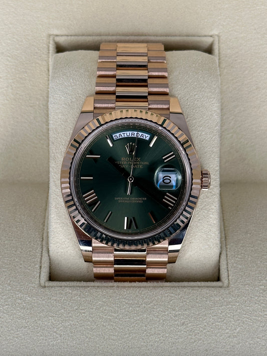 NEW 2022 Rolex Day-Date Presidential 40mm 228235 Rose Gold Olive Dial - MyWatchLLC