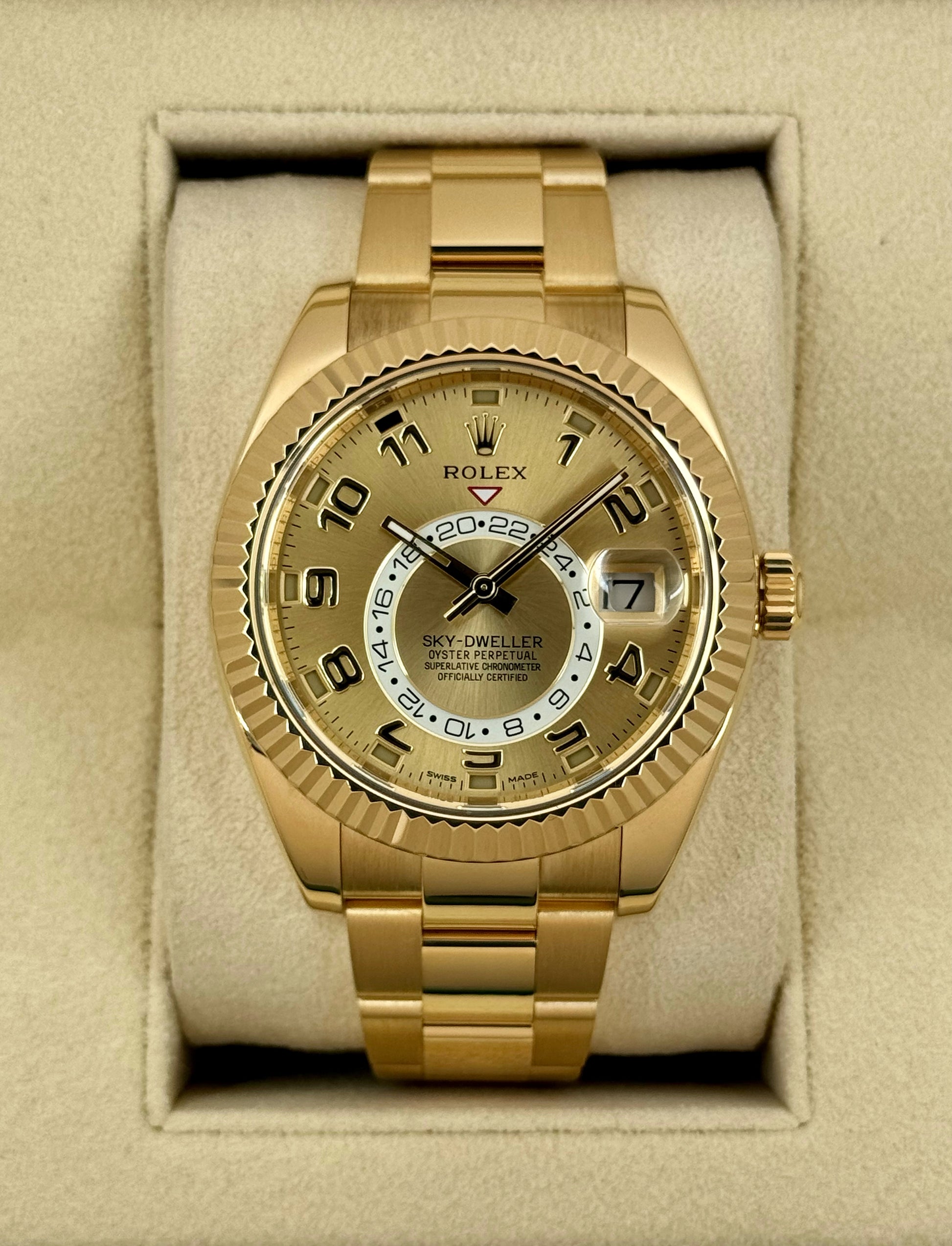 2019 Rolex Sky-Dweller 42mm 326938 Yellow Gold Oyster Champagne Dial - MyWatchLLC