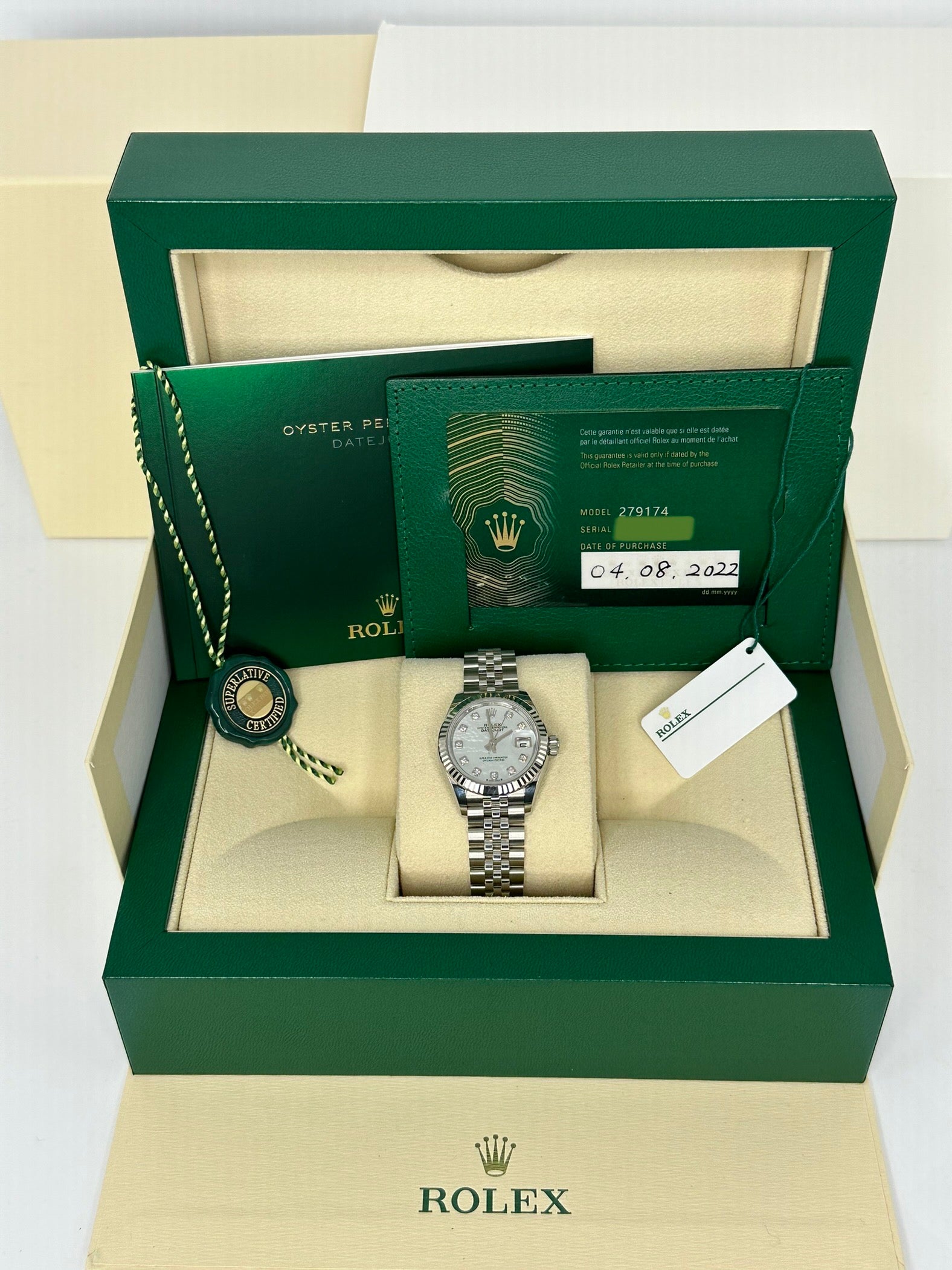 2022 Rolex Lady-Datejust 28mm 279174 Jubilee Mother of Pearl Diamond Dial - MyWatchLLC