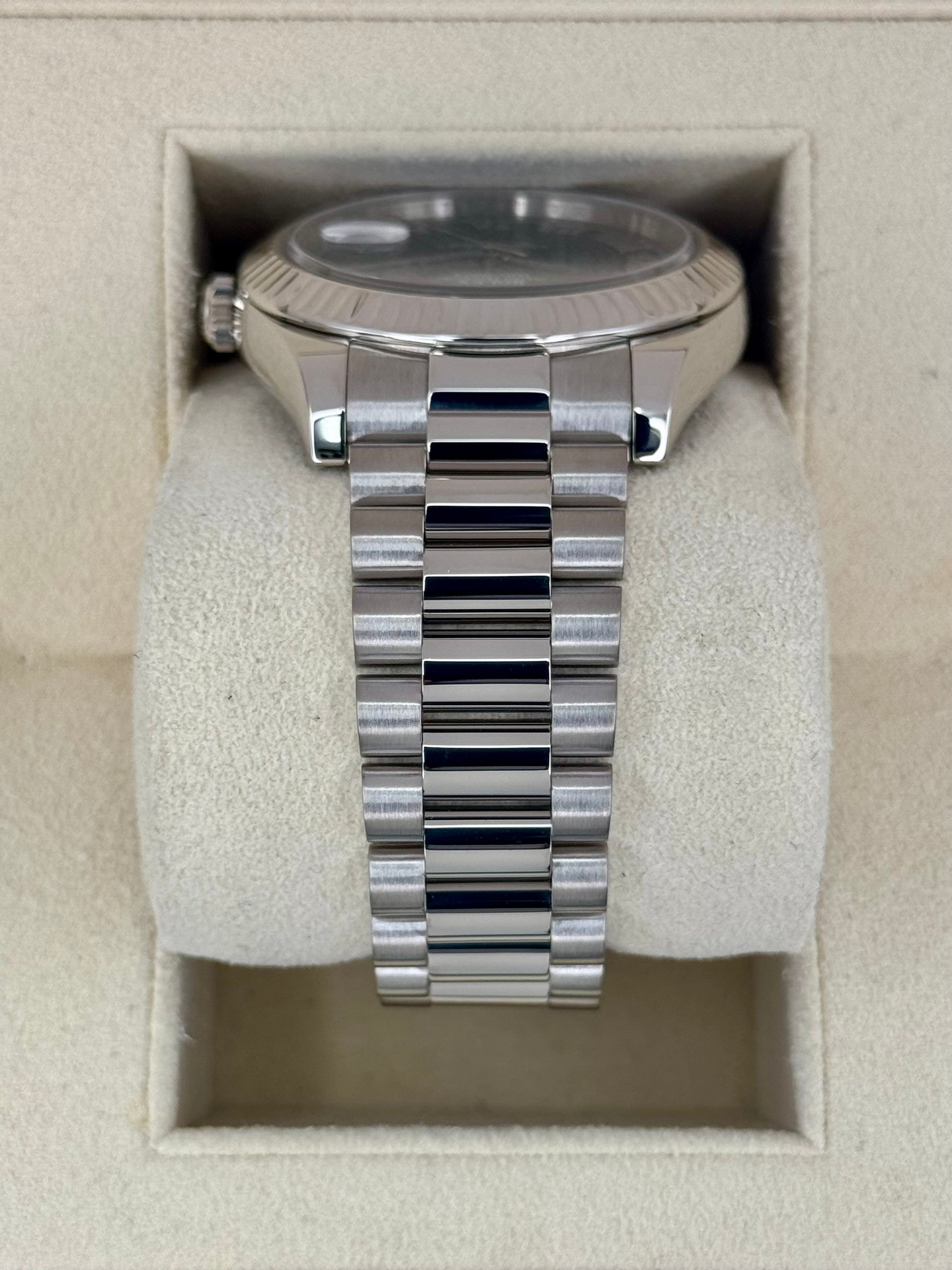 2015 Rolex Day-Date II 41mm 218239 White Gold Jubilee Black Dial - MyWatchLLC