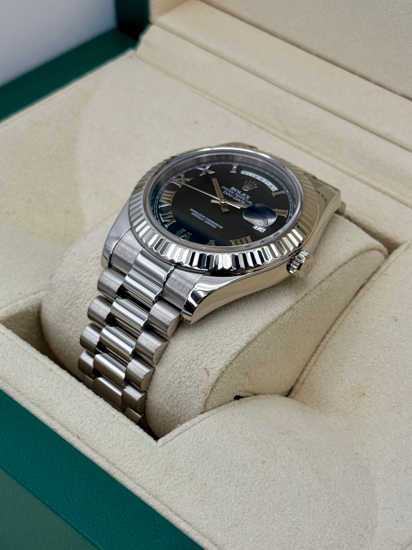 2015 Rolex Day-Date II 41mm 218239 White Gold Jubilee Black Dial - MyWatchLLC