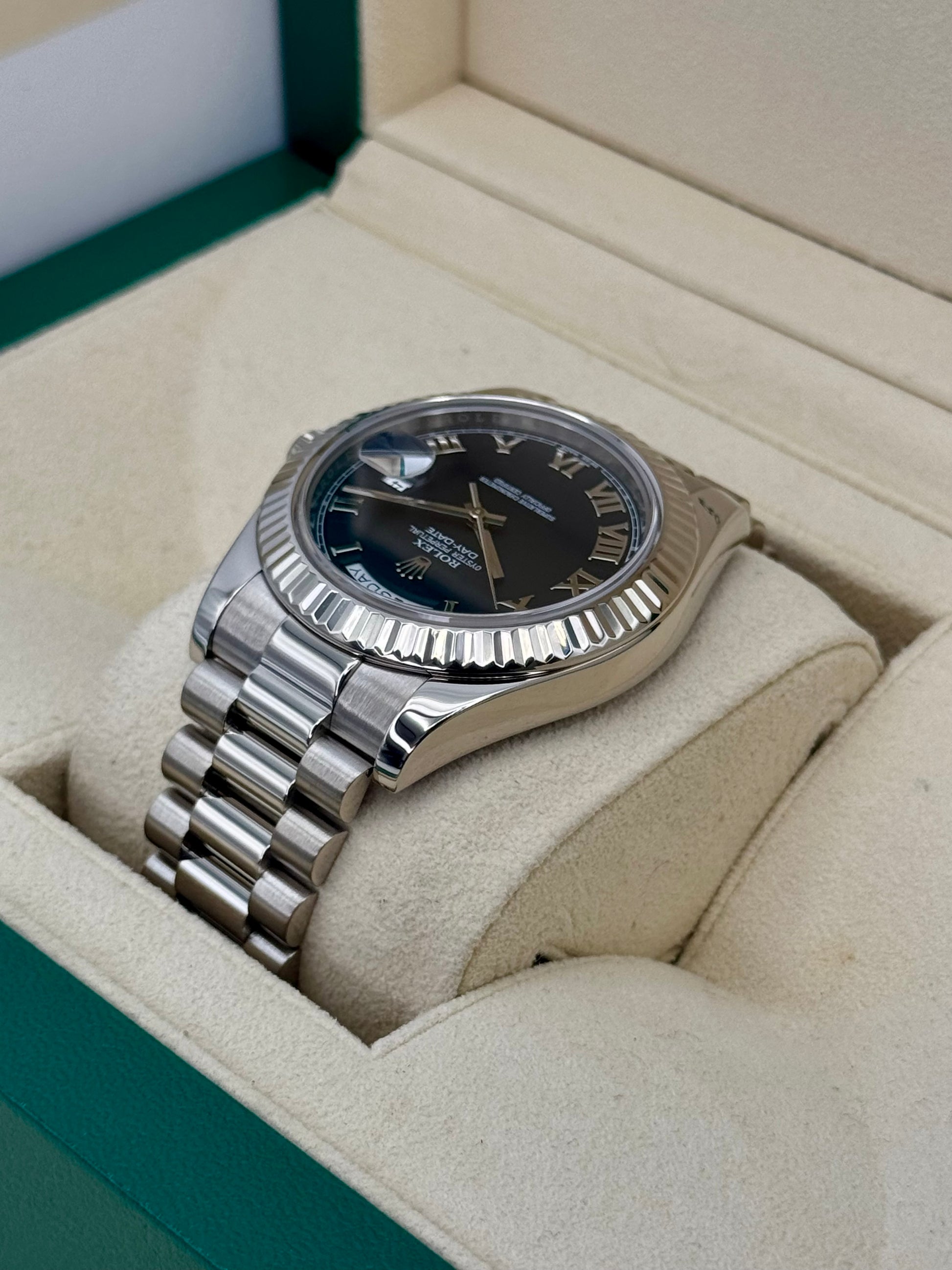 2015 Rolex Day-Date II 41mm 218239 White Gold Jubilee Black Dial - MyWatchLLC