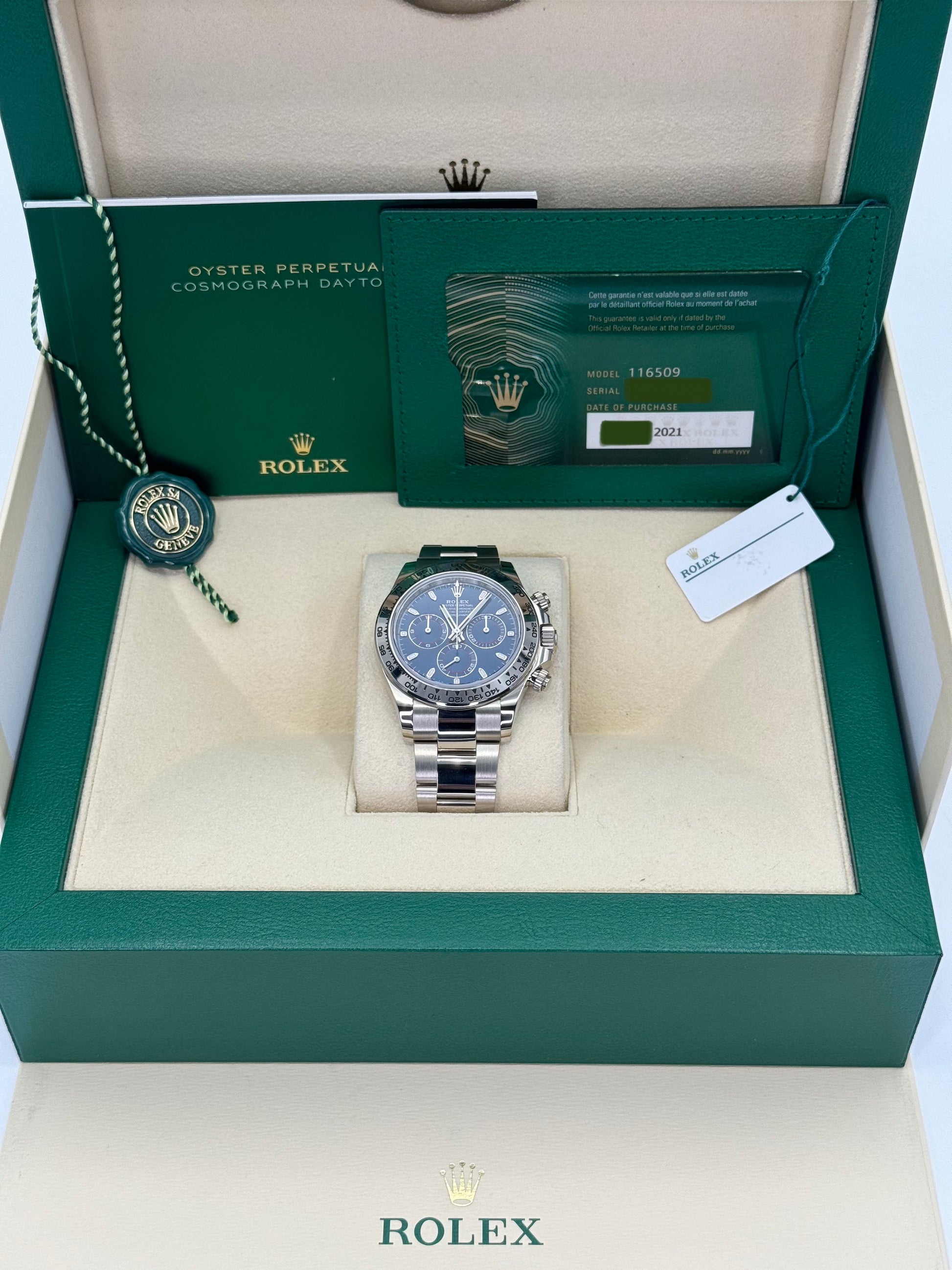 2021 Rolex Daytona 40mm 116509 White Gold Blue Dial - MyWatchLLC