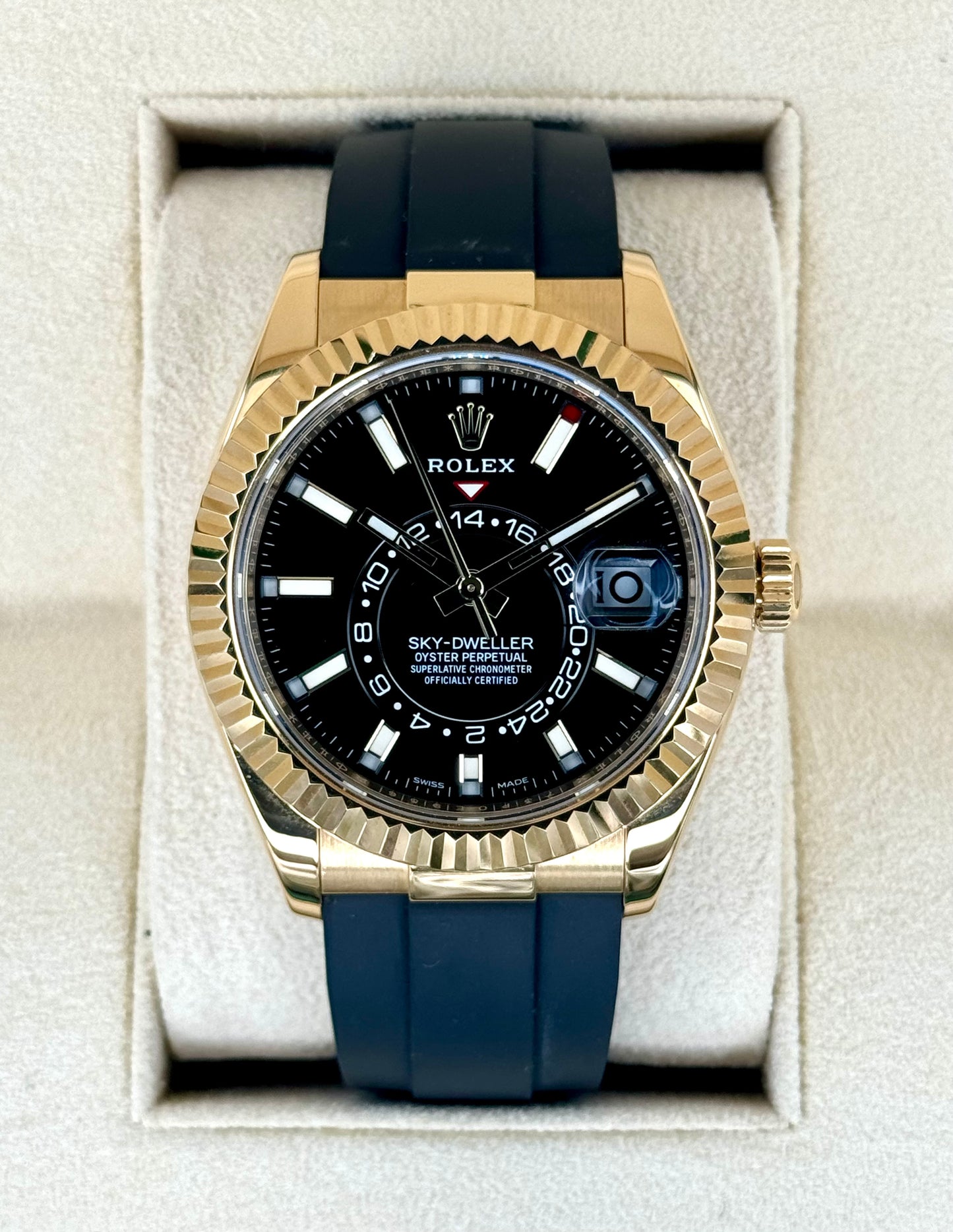 2022 Rolex Sky-Dweller 42mm 326238 Yellow Gold Oysterflex Black Dial - MyWatchLLC