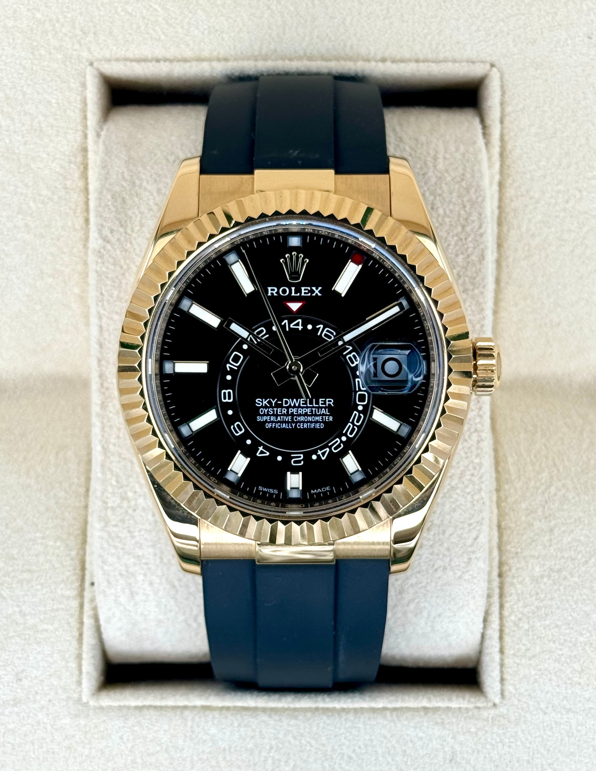 2022 Rolex Sky-Dweller 42mm 326238 Yellow Gold Oysterflex Black Dial - MyWatchLLC