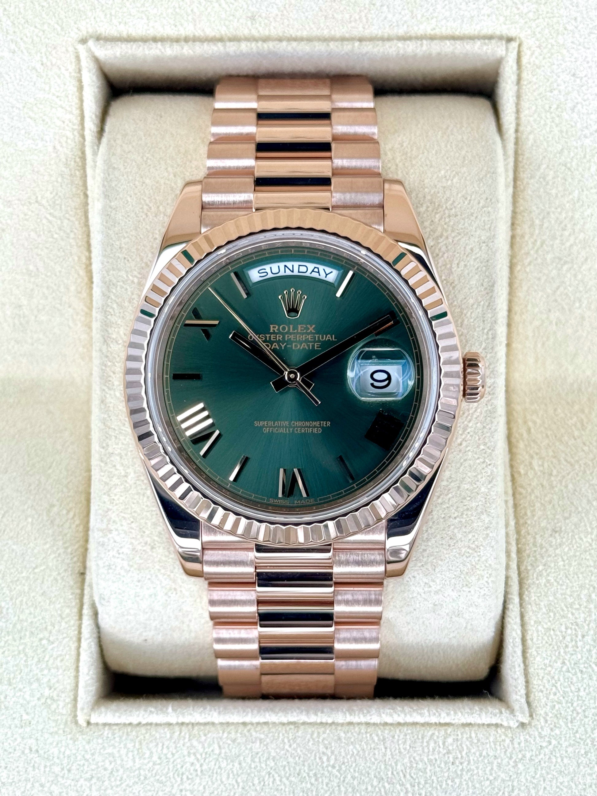 2019 Rolex Day-Date 40mm 228235 Presidential Rose Gold Olive Dial - MyWatchLLC