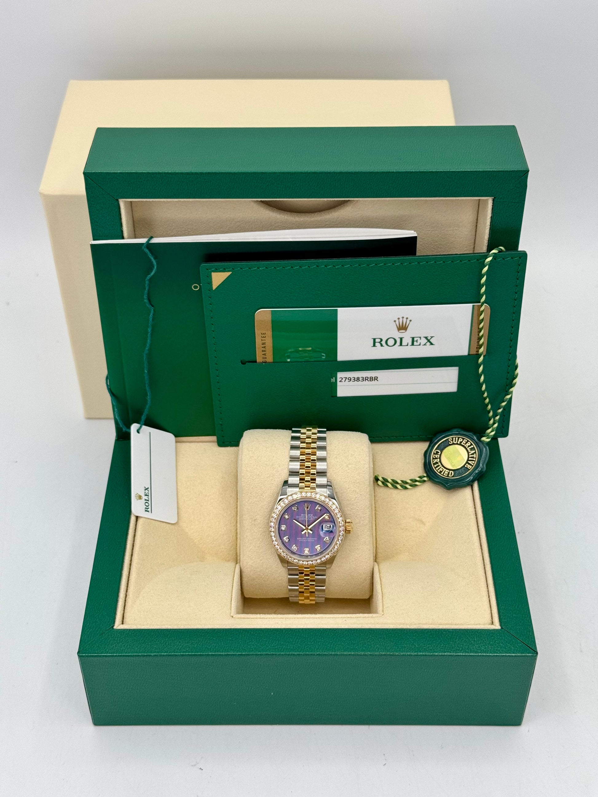 2018 Lady-Datejust 28mm 279383RBR Lavender Stripe Motif Diamond Dial - MyWatchLLC