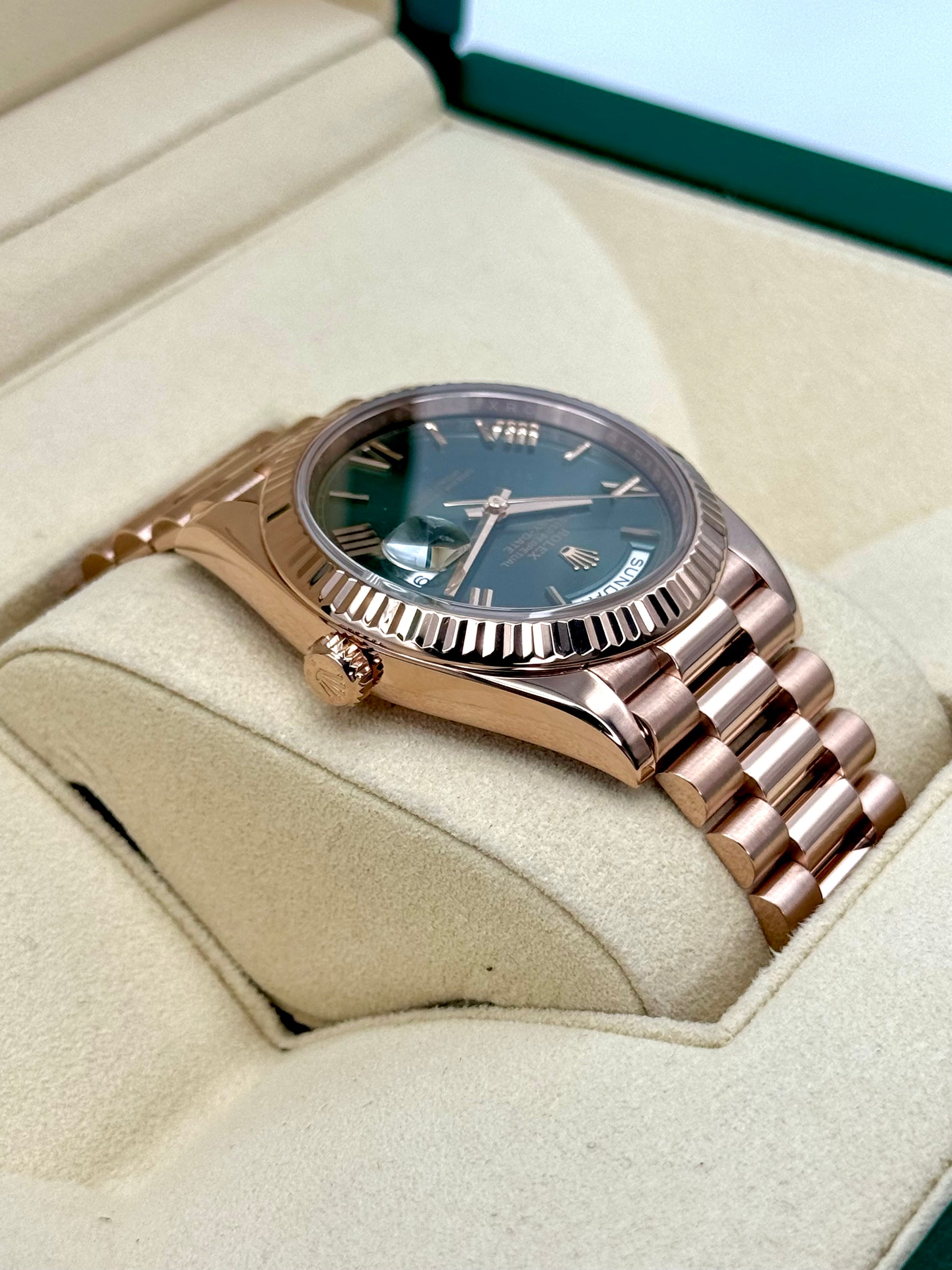 2019 Rolex Day-Date 40mm 228235 Presidential Rose Gold Olive Dial - MyWatchLLC