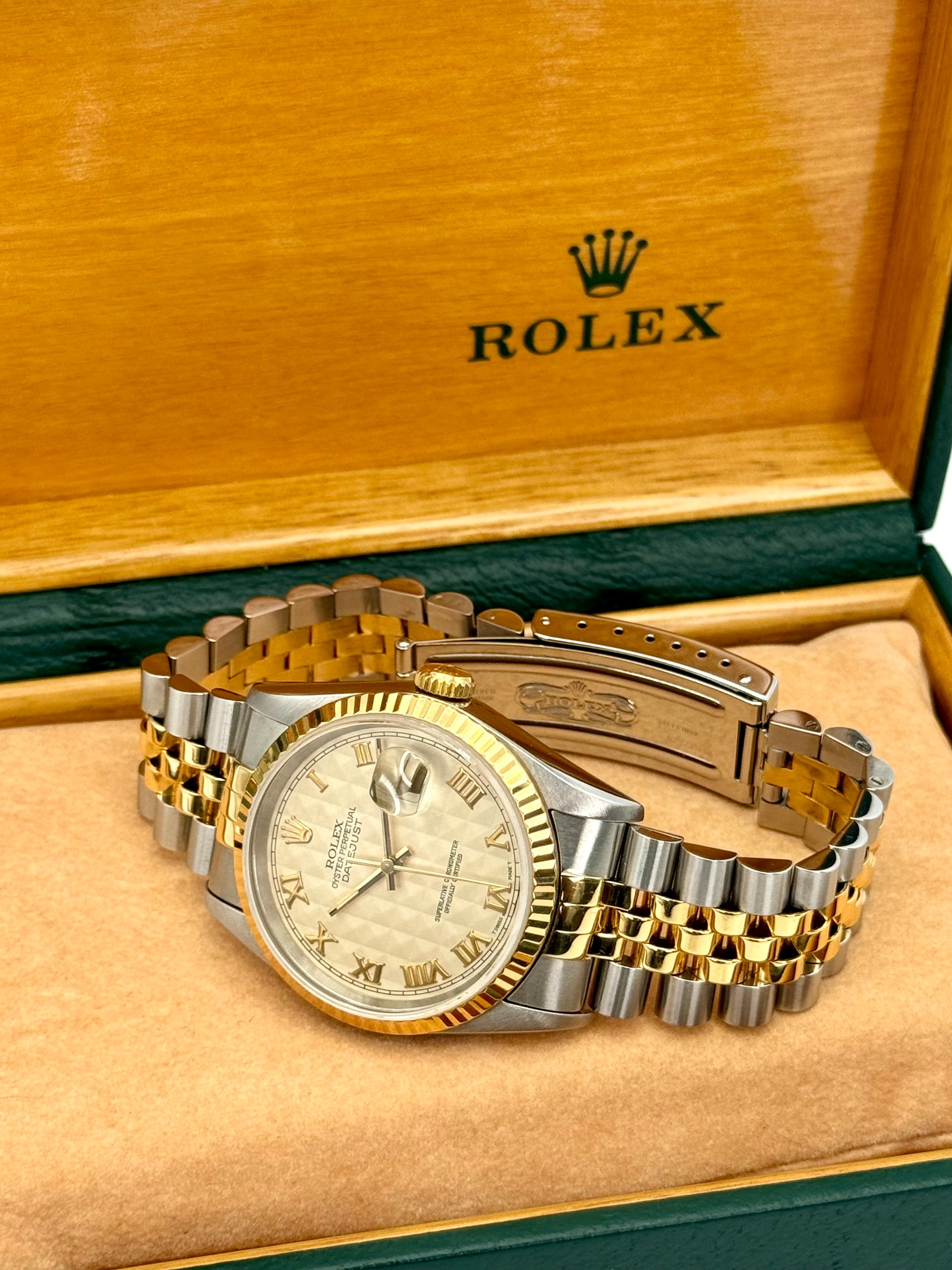 1995 Rolex Datejust 36mm 16233 Two-Tone White Pyramid Dial - MyWatchLLC