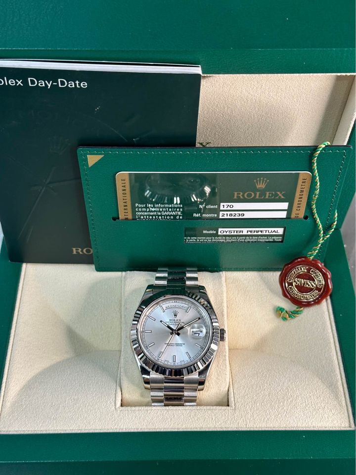 2013 Rolex Day-Date 41mm 218239 White Gold Silver Stick Dial - MyWatchLLC