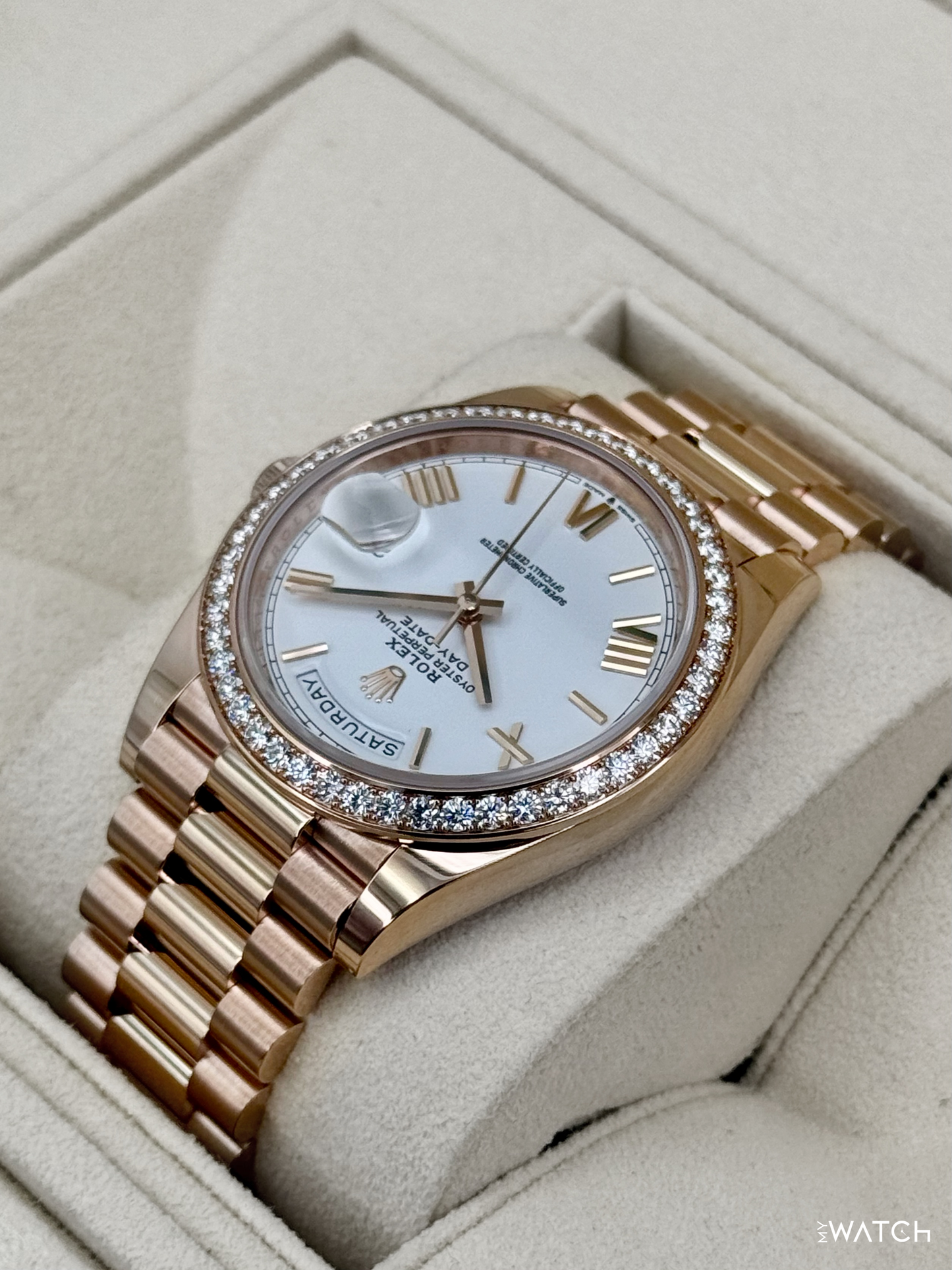2022 Rolex Day-Date 40mm 228345RBR Rose Gold White Dial (CPO) - MyWatchLLC