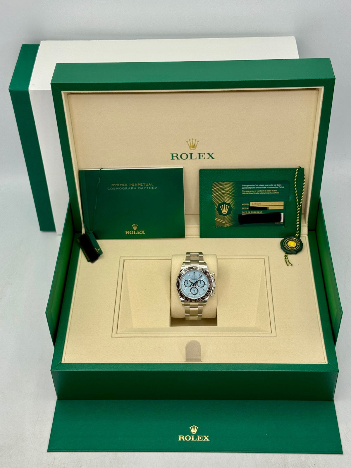 NEW 2026 Rolex Daytona 40mm 126506 Platinum Ice-Blue Diamond Baguette Dial (NEW STYLE CARD)