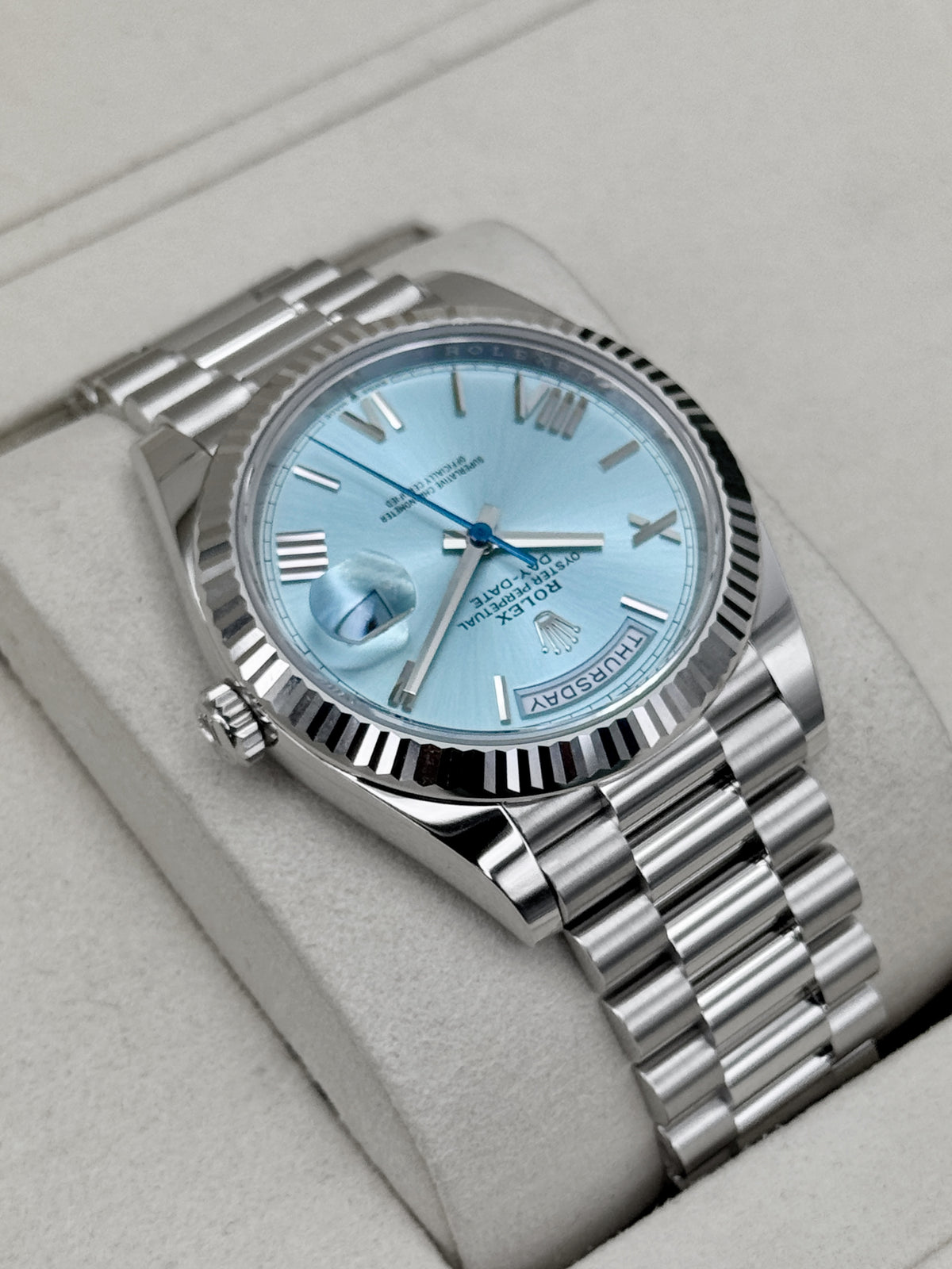 NEW 2026 Rolex Day-Date Platinum 40mm 228236 Ice Blue Roman Dial (NEW STYLE CARD)