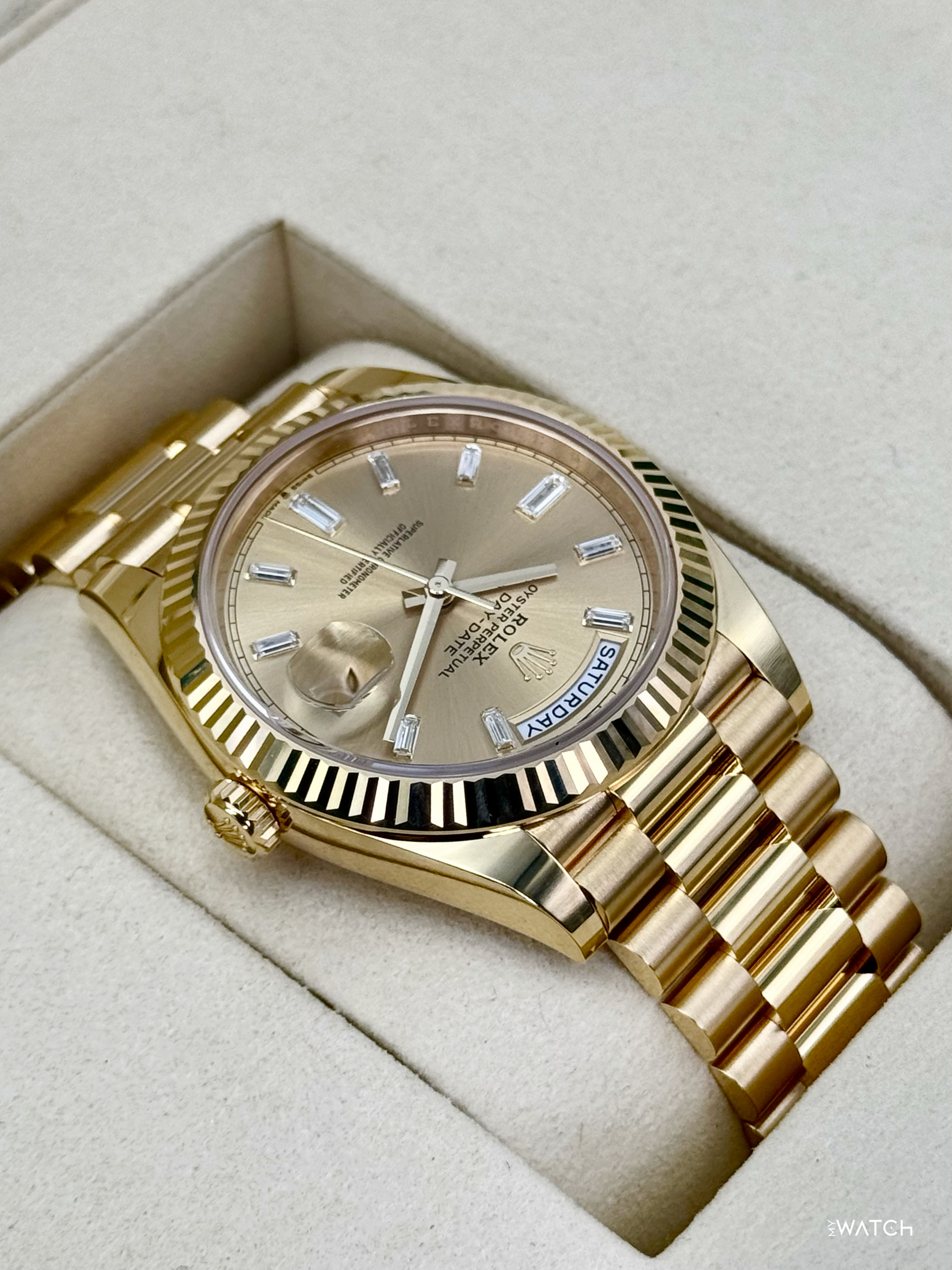 NEW 2026 Rolex Day-Date 40mm 228238 Champagne Diamond Baguette Dial - MyWatchLLC