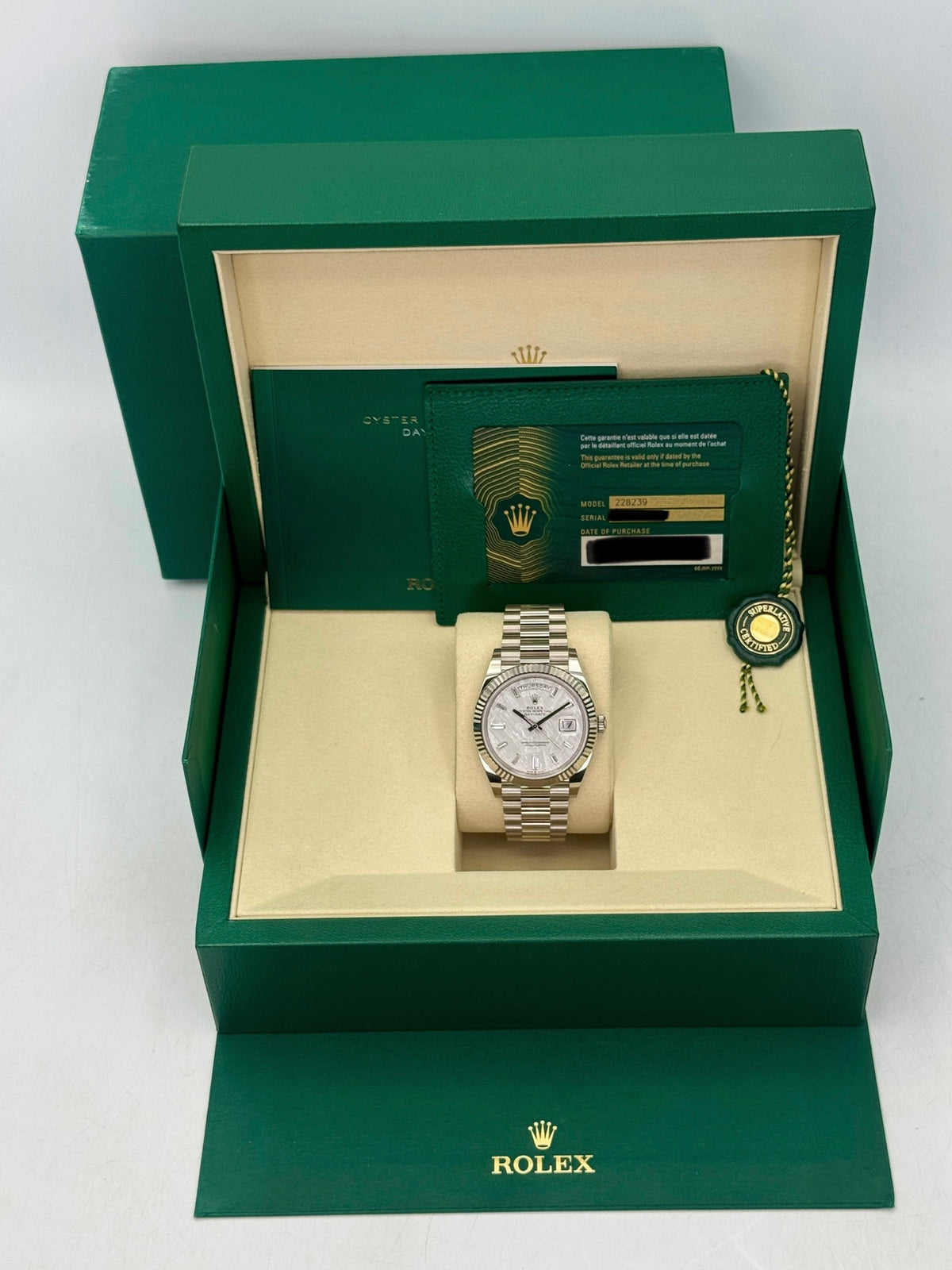 NEW 2026 Rolex Day-Date 40mm 228239 White Gold Meteorite Diamond Dial (NEW STYLE CARD)