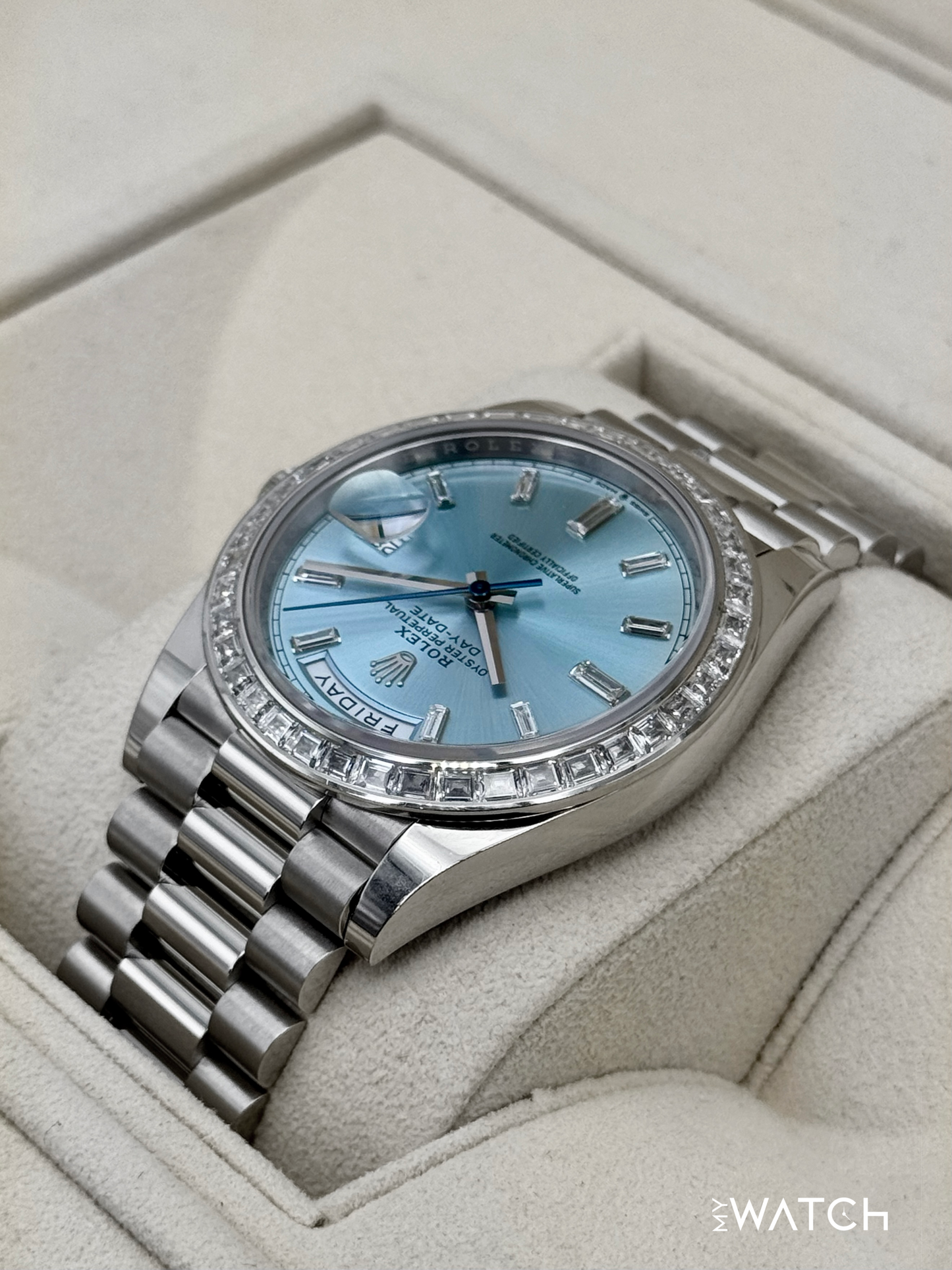 2023 Rolex Day-Date 40mm 228396TBR Ice Blue Diamond Baguette Dial - MyWatchLLC