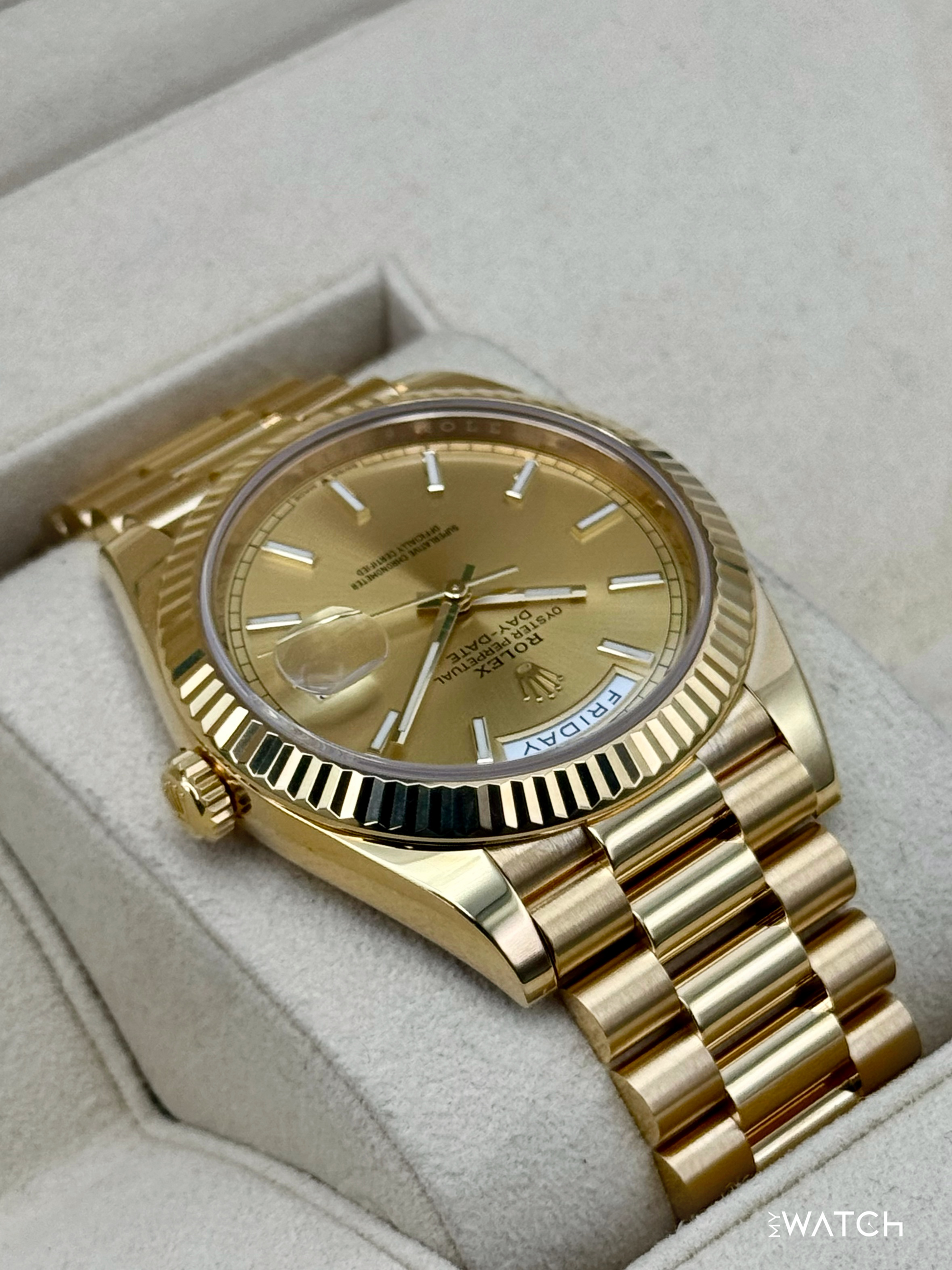 2020 Rolex Day-Date 40mm 228238 Champagne Stick Dial - MyWatchLLC
