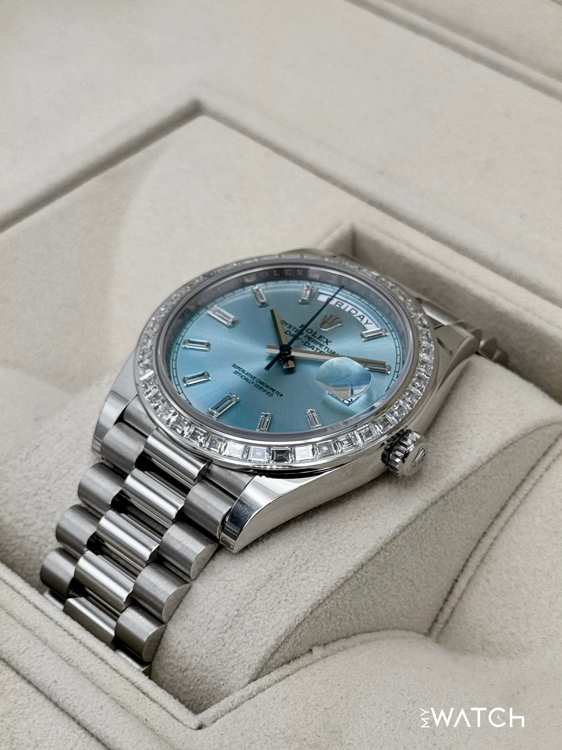 2023 Rolex Day-Date 40mm 228396TBR Ice Blue Diamond Baguette Dial - MyWatchLLC