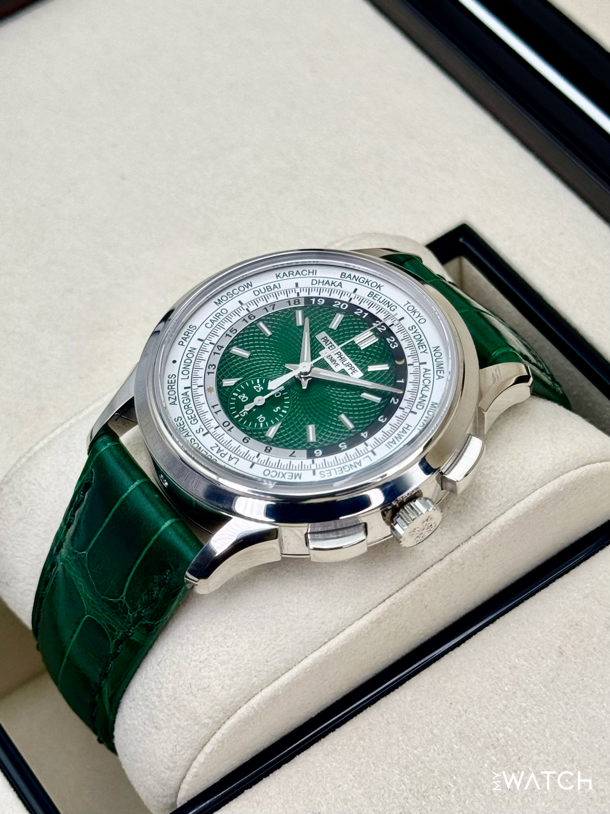 2025 Patek Philippe 5930P World Time Flyback Chronograph Platinum Green Dial - MyWatchLLC