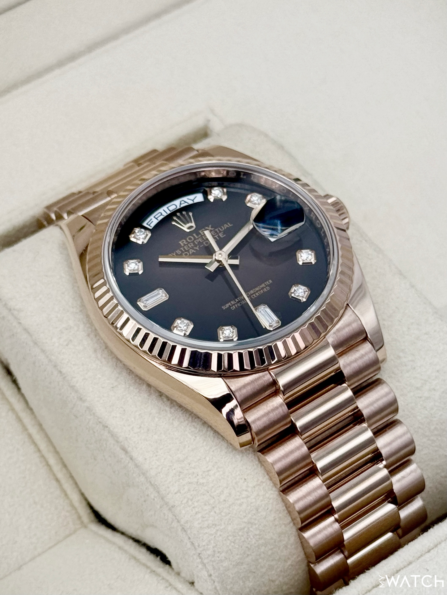 2022 Rolex Day-Date 40mm 128235 Rose Gold Chocolate Diamond Dial