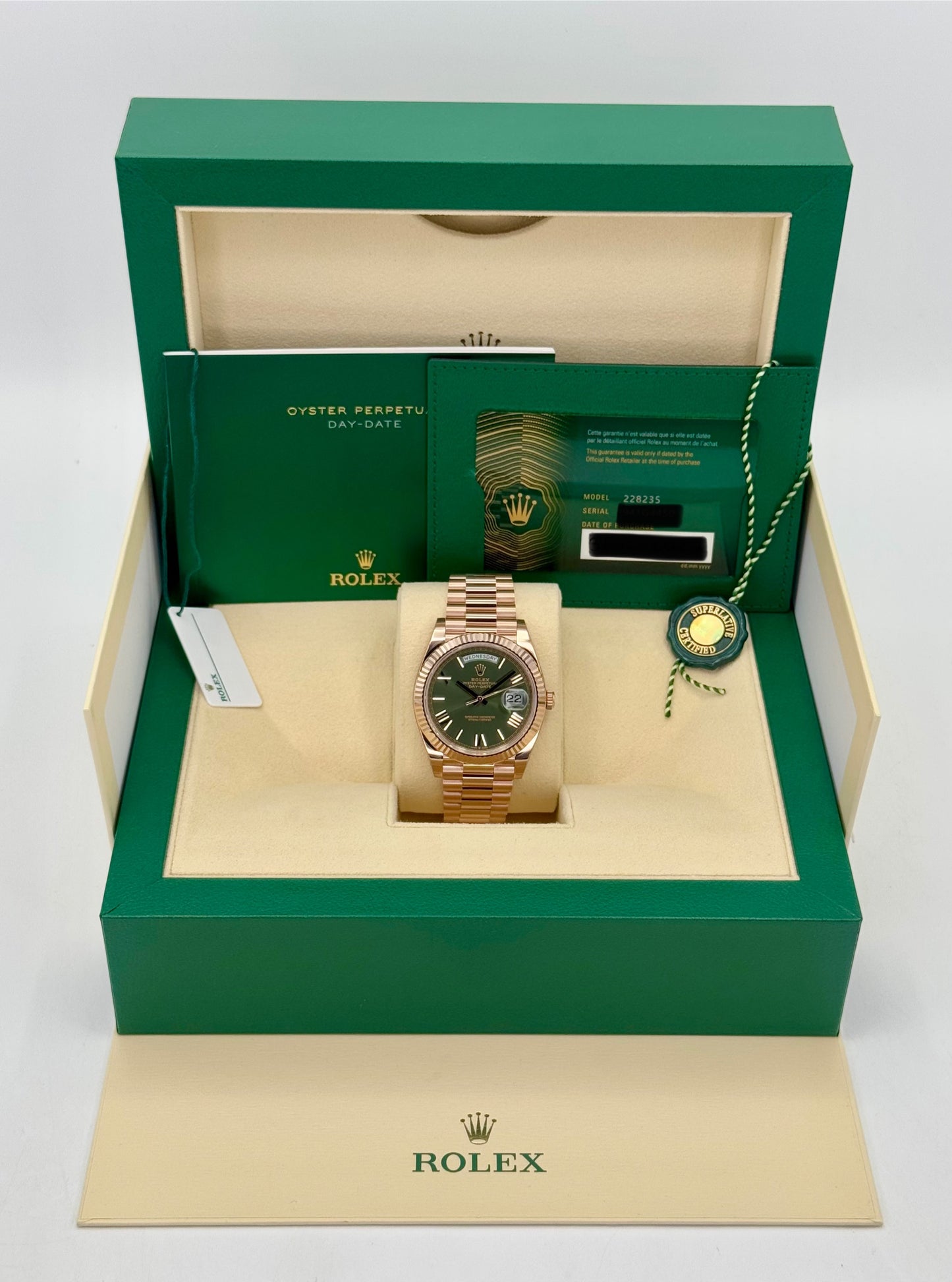 NEW 2025 Rolex Day-Date 40mm 228235 Presidential Rose Gold Olive Dial