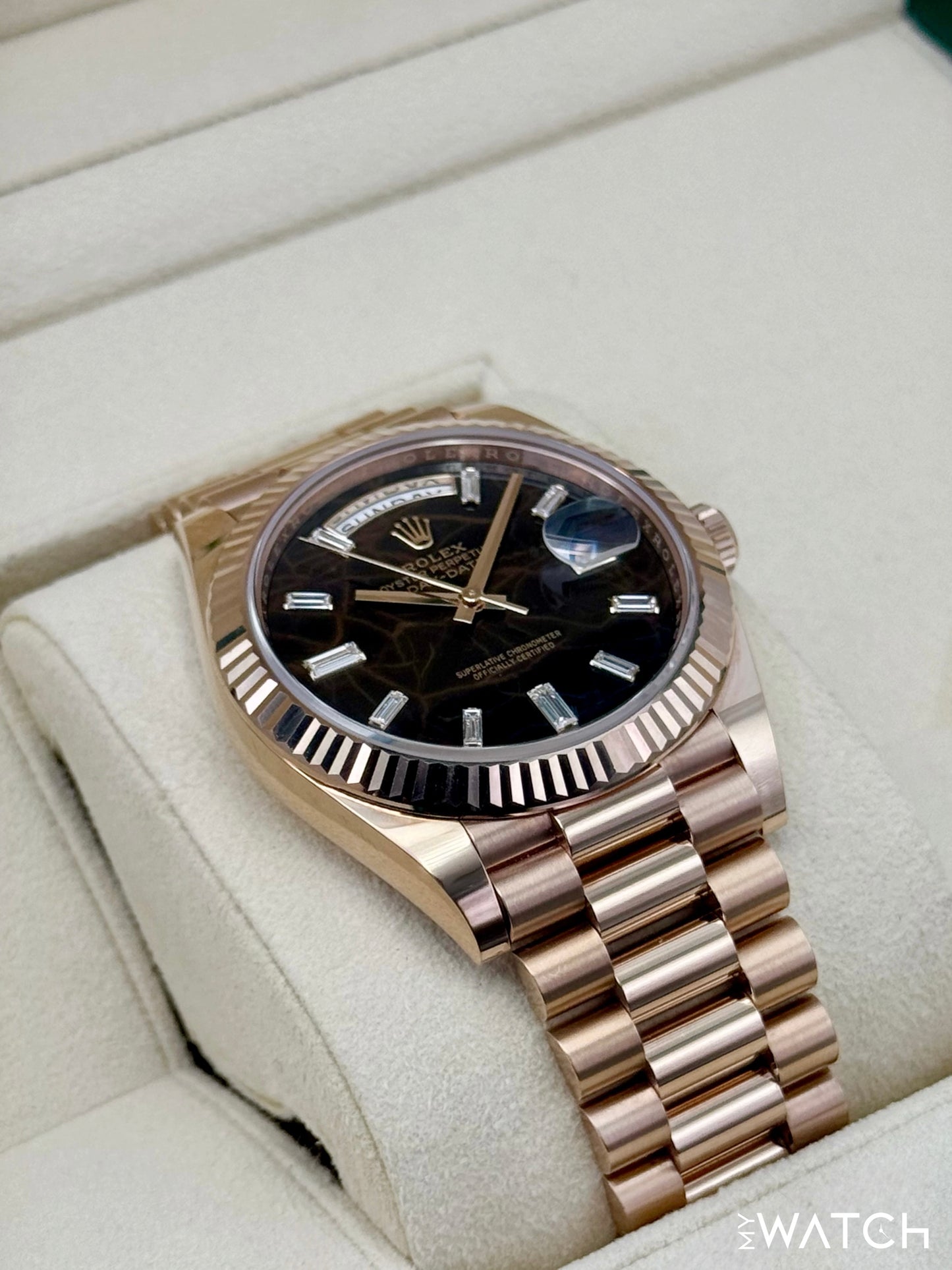 2023 Rolex Day-Date 40mm 228235 Rose Gold Eisenkiesal Baguette Dial