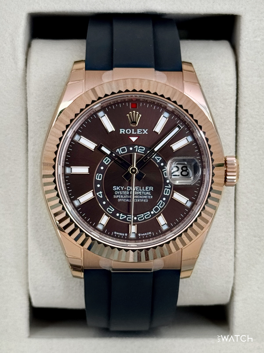 NEW 2026 Rolex Sky-Dweller 42mm 336235 Rose Gold Oysterflex Chocolate Dial (STICKERED) - MyWatchLLC