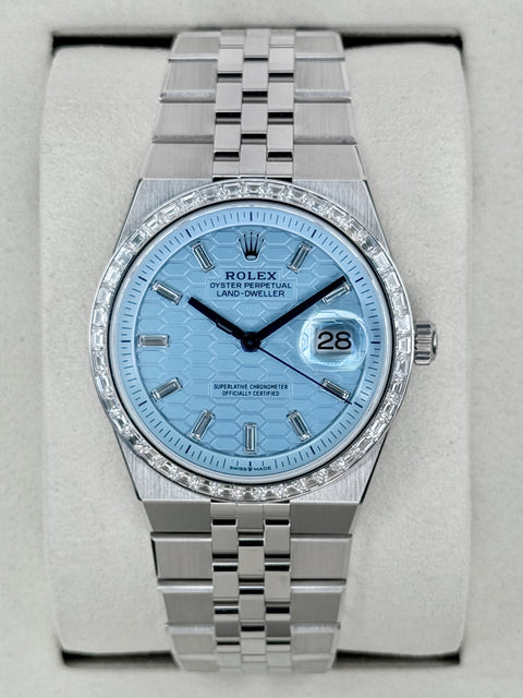 NEW 2026 Rolex Land-Dweller 36mm 127286TBR Platinum Ice Blue Honeycomb Motif Diamond Dial
