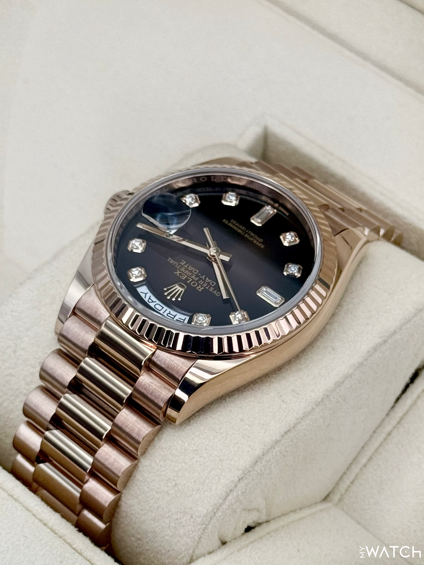 2022 Rolex Day-Date 40mm 128235 Rose Gold Chocolate Diamond Dial