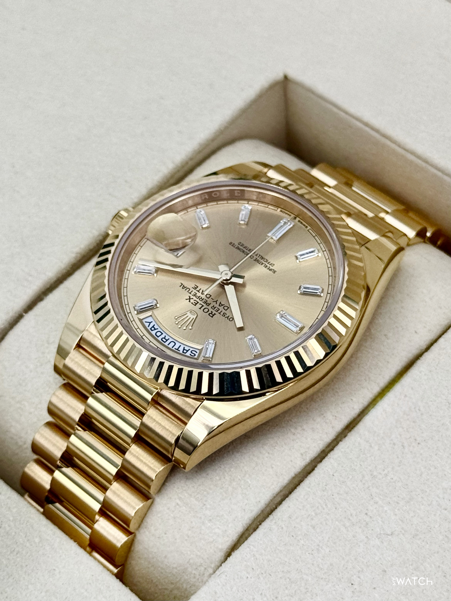 NEW 2026 Rolex Day-Date 40mm 228238 Champagne Diamond Baguette Dial - MyWatchLLC