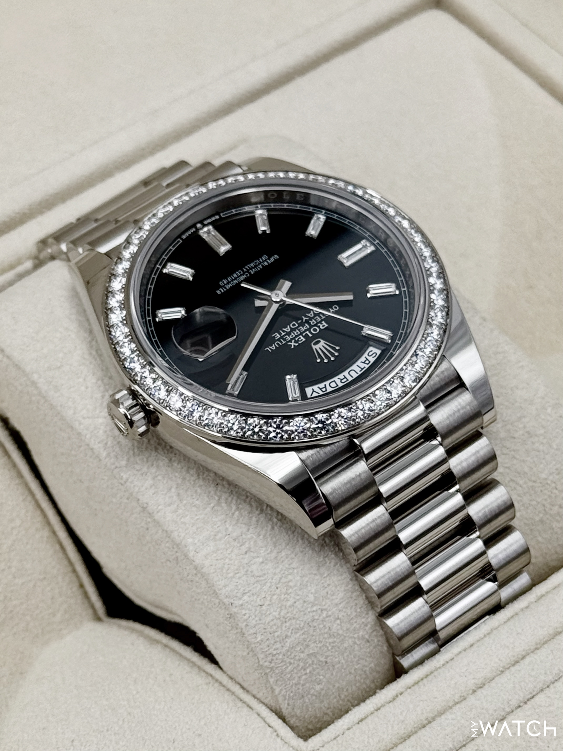 2023 Rolex Day-Date 40mm 228349RBR Presidential Black Diamond Baguette Dial - MyWatchLLC