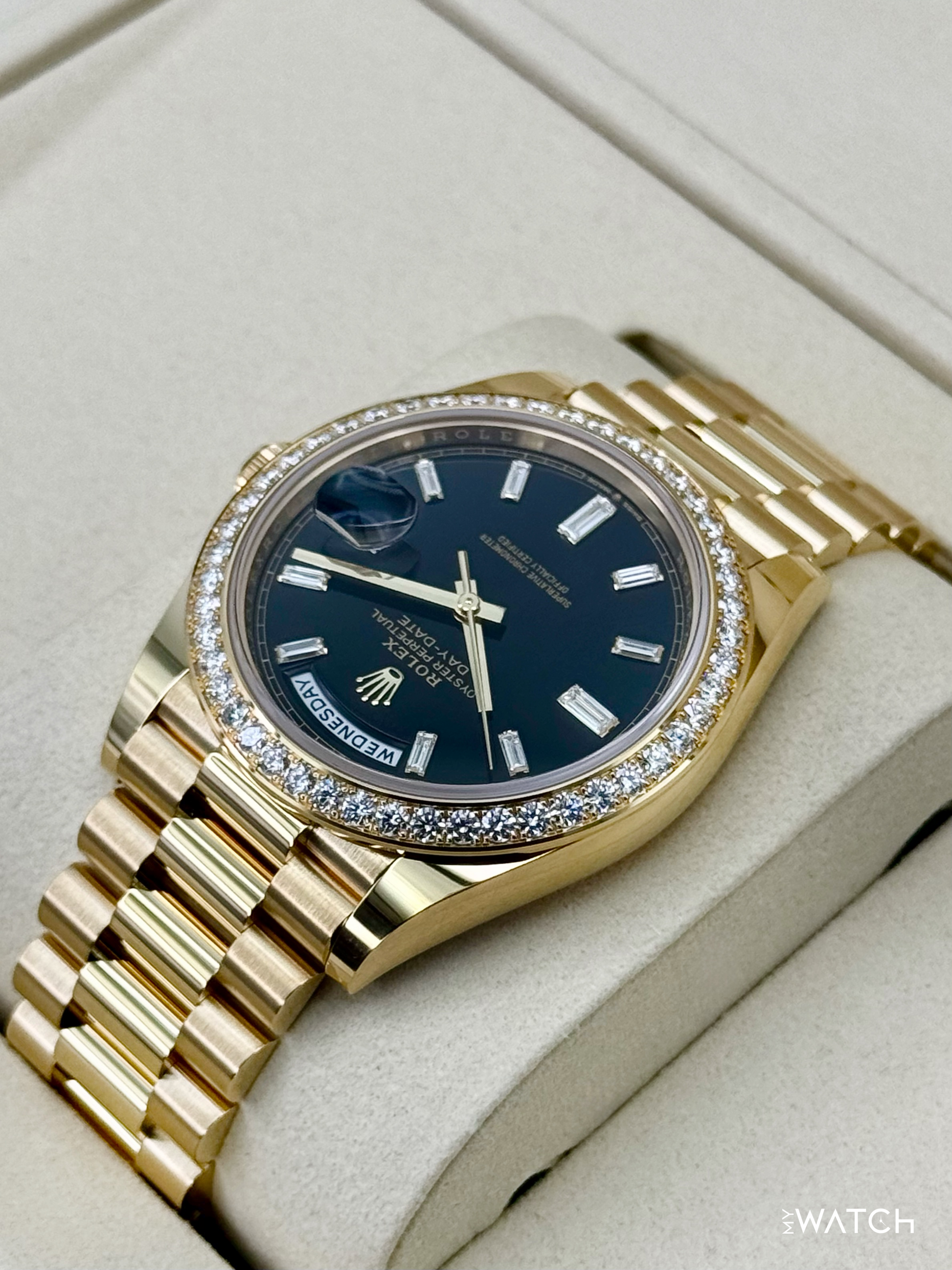 NEW 2026 Rolex Day-Date 40mm 228348RBR Black Diamond Baguette Dial - MyWatchLLC