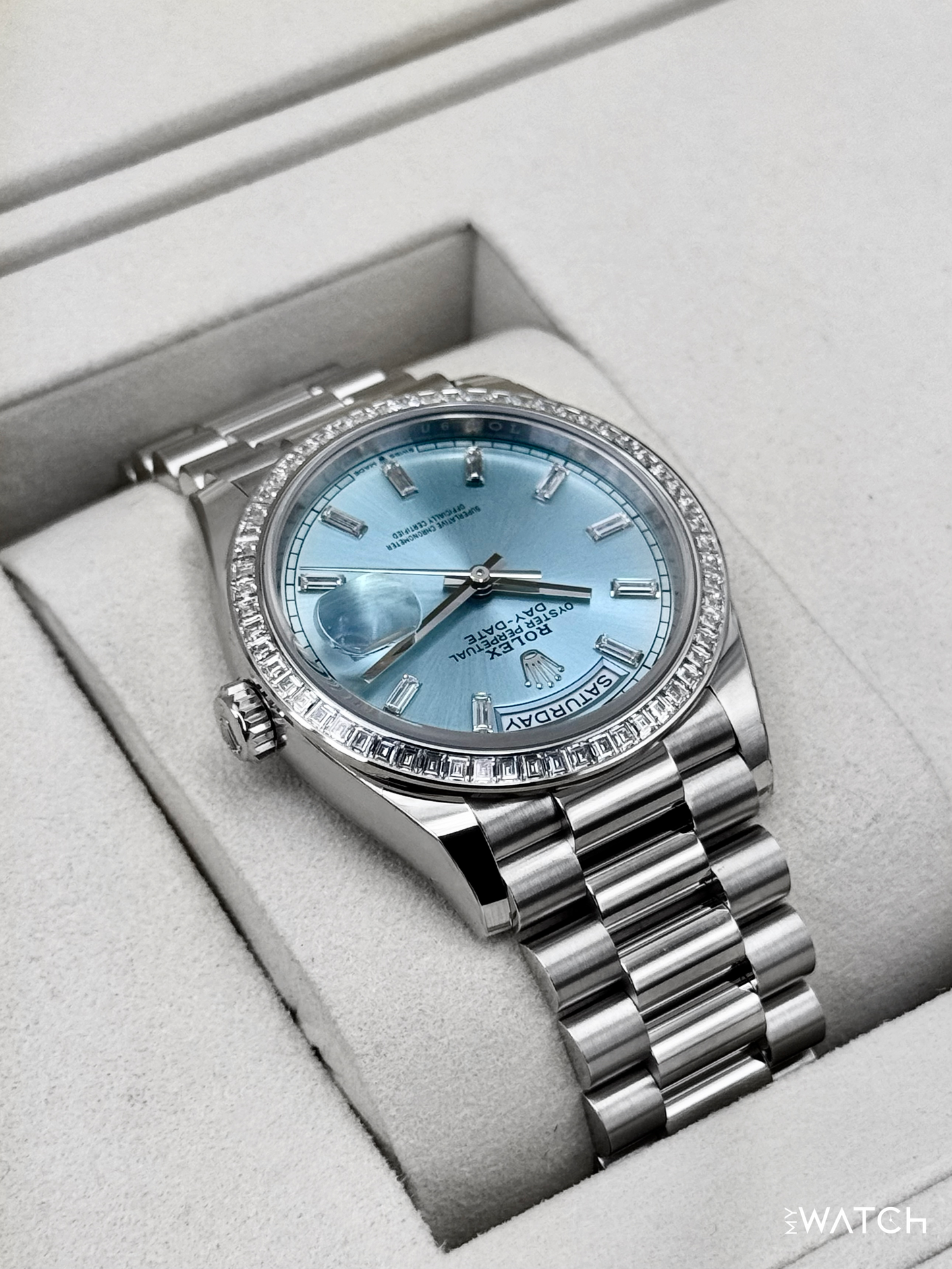 NEW 2025 Rolex Day-Date 36mm 128396TBR Ice Blue Diamond Baguette Dial