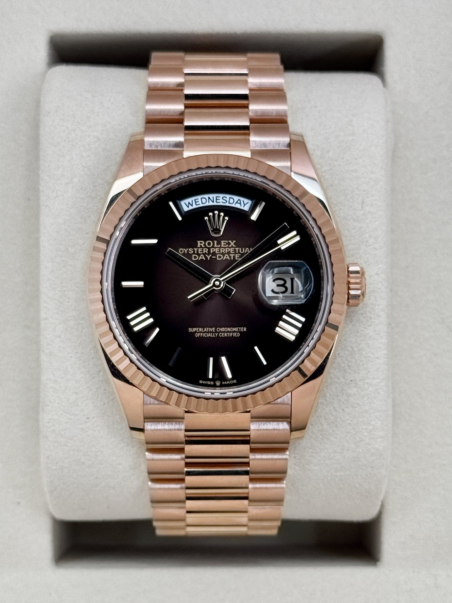 NEW 2026 Rolex Day-Date 36mm 128235 Rose Gold Brown Ombre Dial