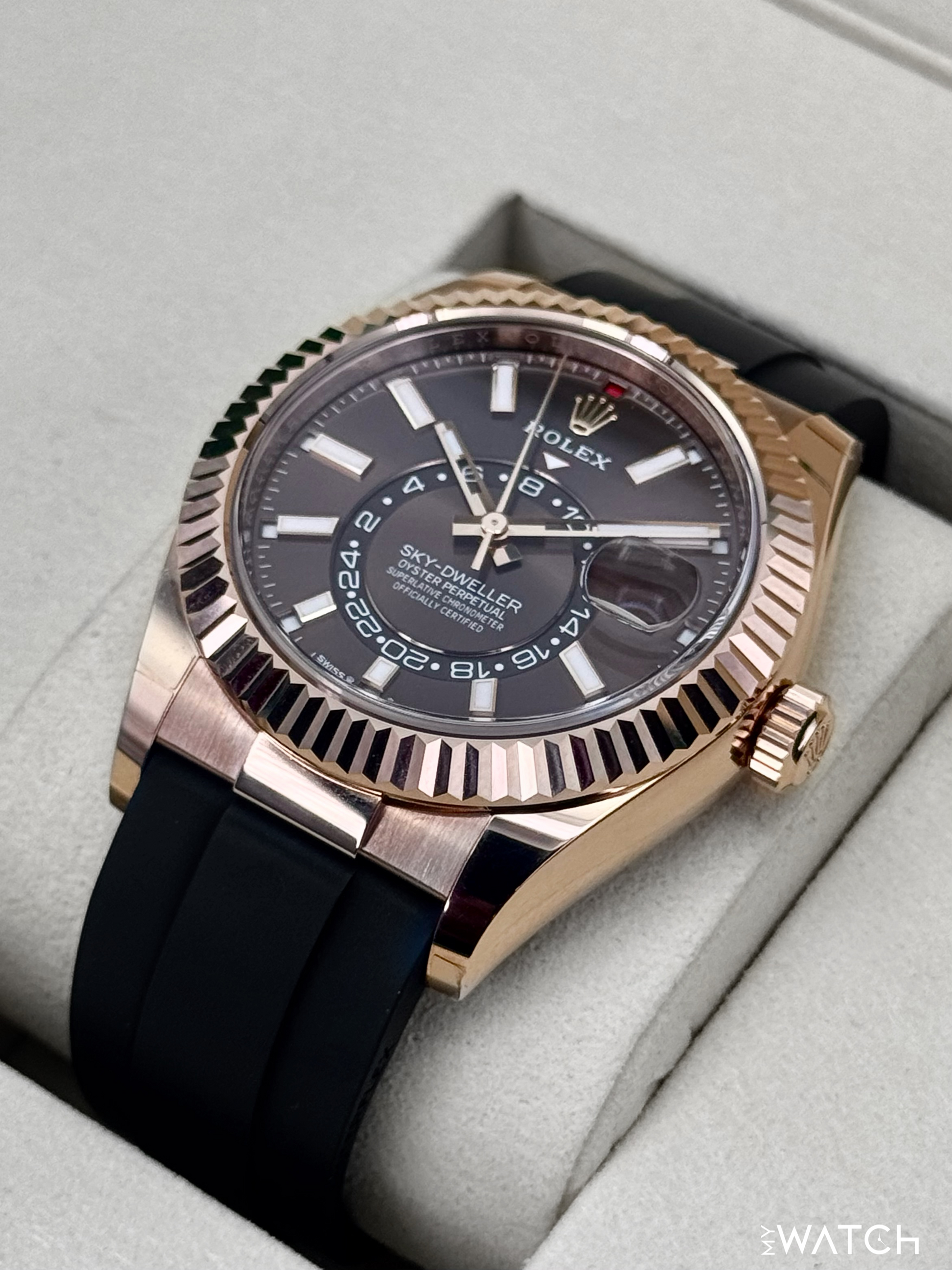 2025 Rolex Sky-Dweller 42mm 336235 Rose Gold Oysterflex Chocolate Dial - MyWatchLLC
