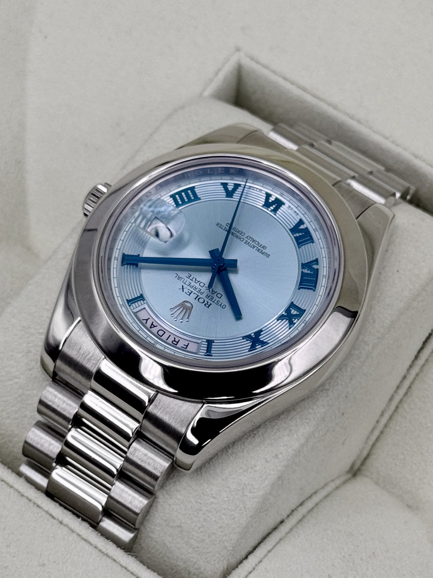 2014 Rolex Day-Date II 41mm 218206 Platinum Ice Blue Roman Numeral Dial