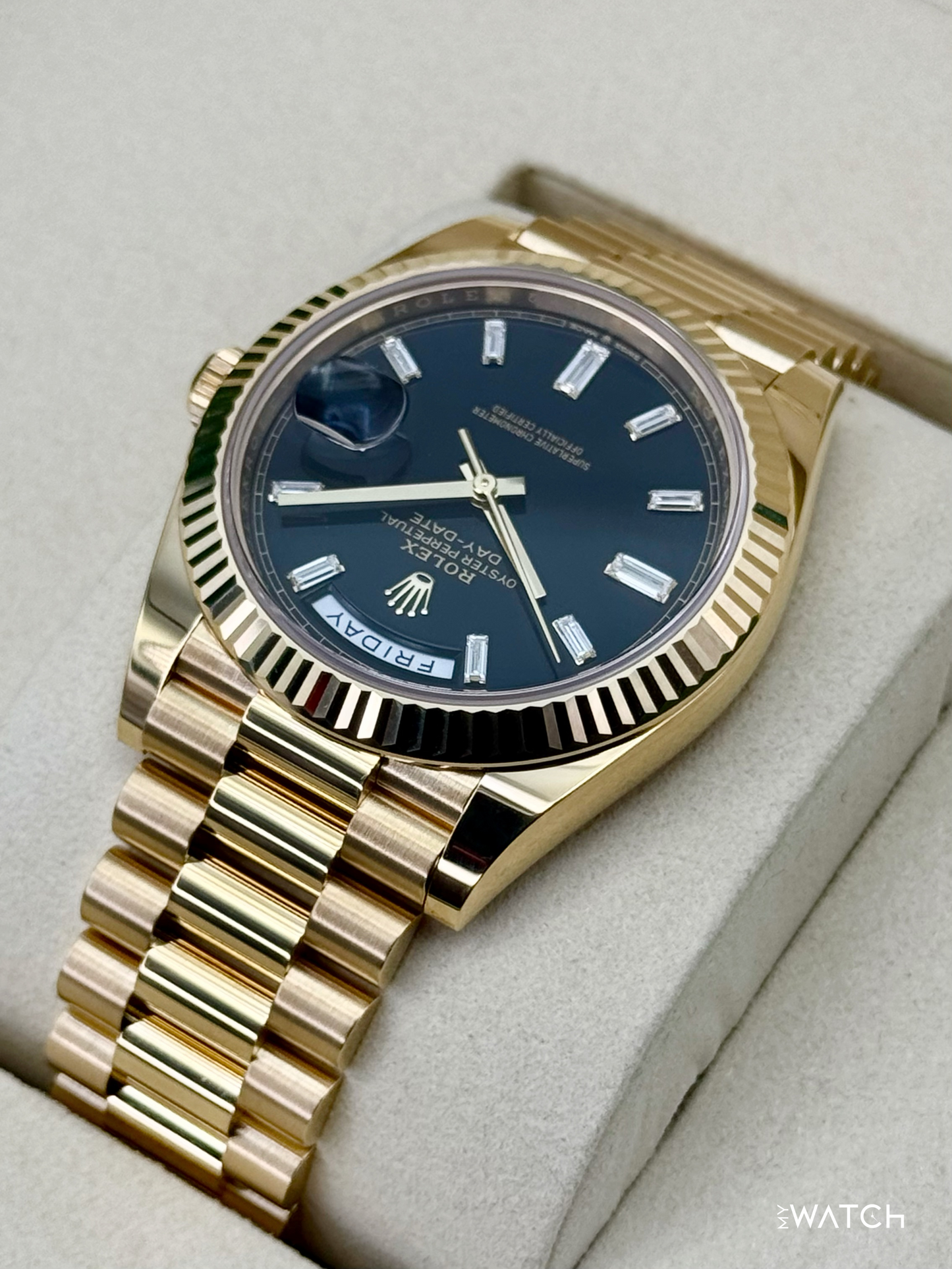 NEW 2026 Rolex Day-Date 40mm 228238 Yellow Gold Black Diamond Dial - MyWatchLLC