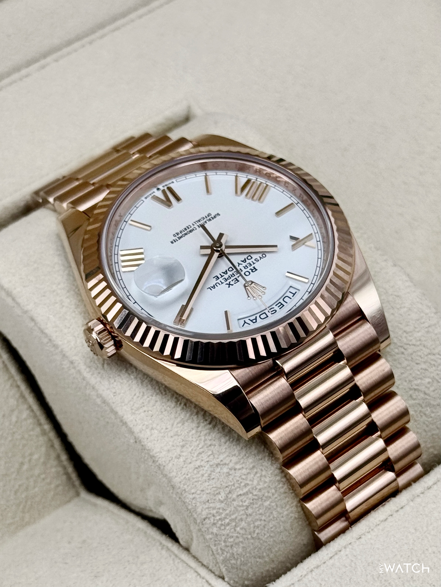 2024 Rolex Day-Date 228235 Presidential Rose Gold White Dial - MyWatchLLC