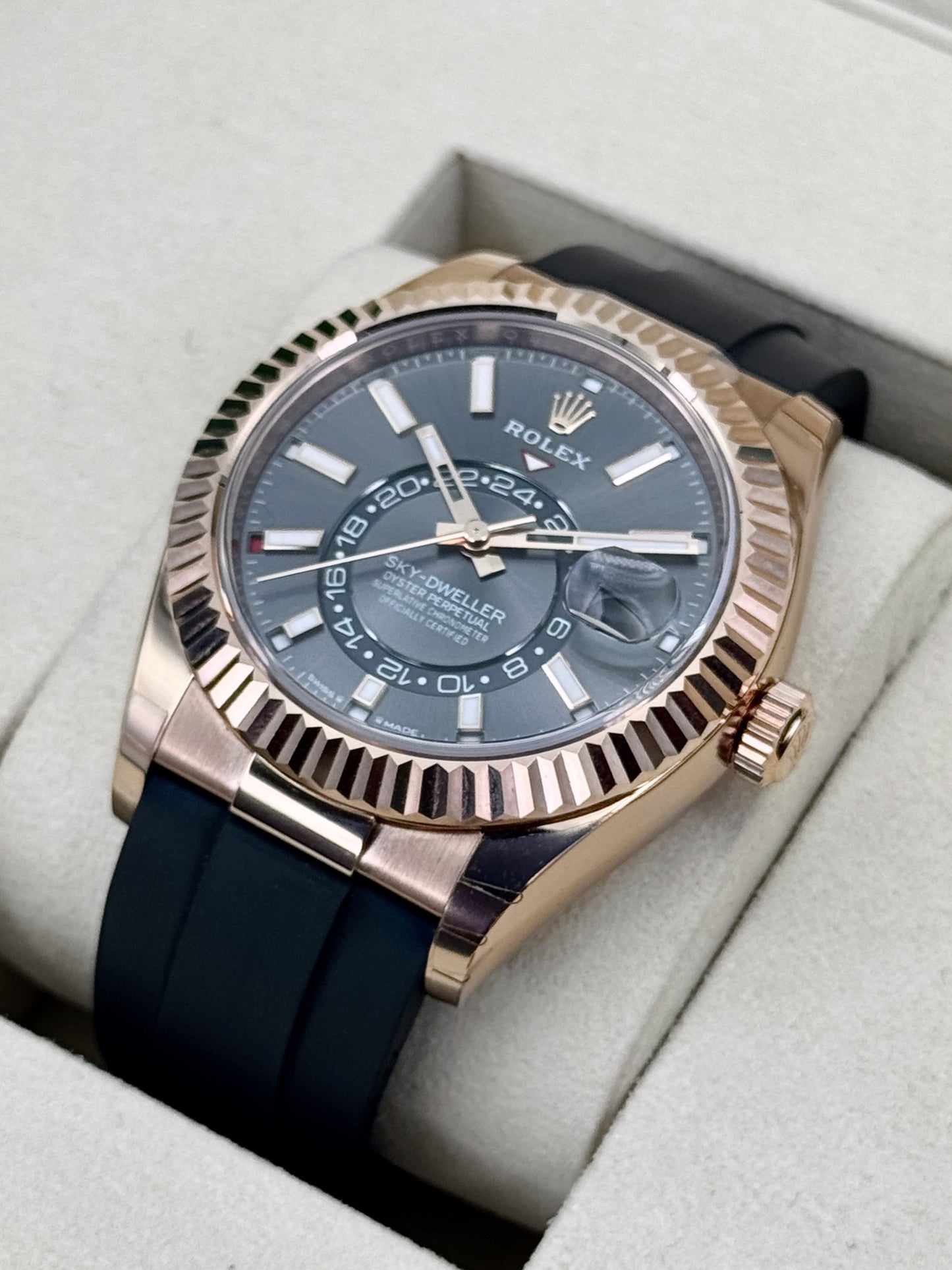 NEW 2026 Rolex Sky-Dweller 42mm 336235 Rose Gold Oysterflex Rhodium Dial - STICKERED
