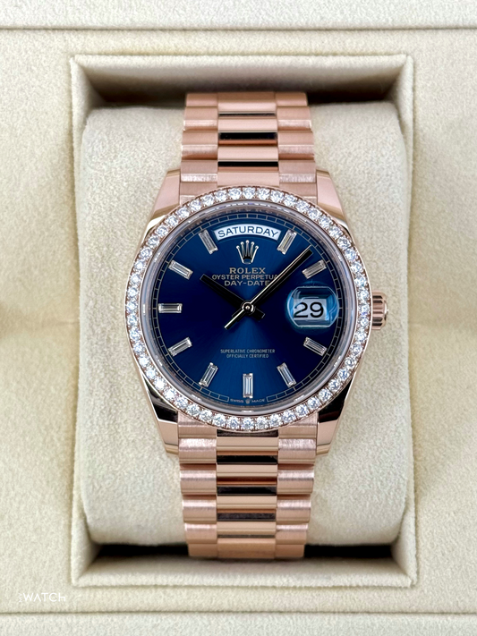 NEW 2025 Rolex Day-Date 36mm 128345RBR Rose Gold Blue Baguette Dial